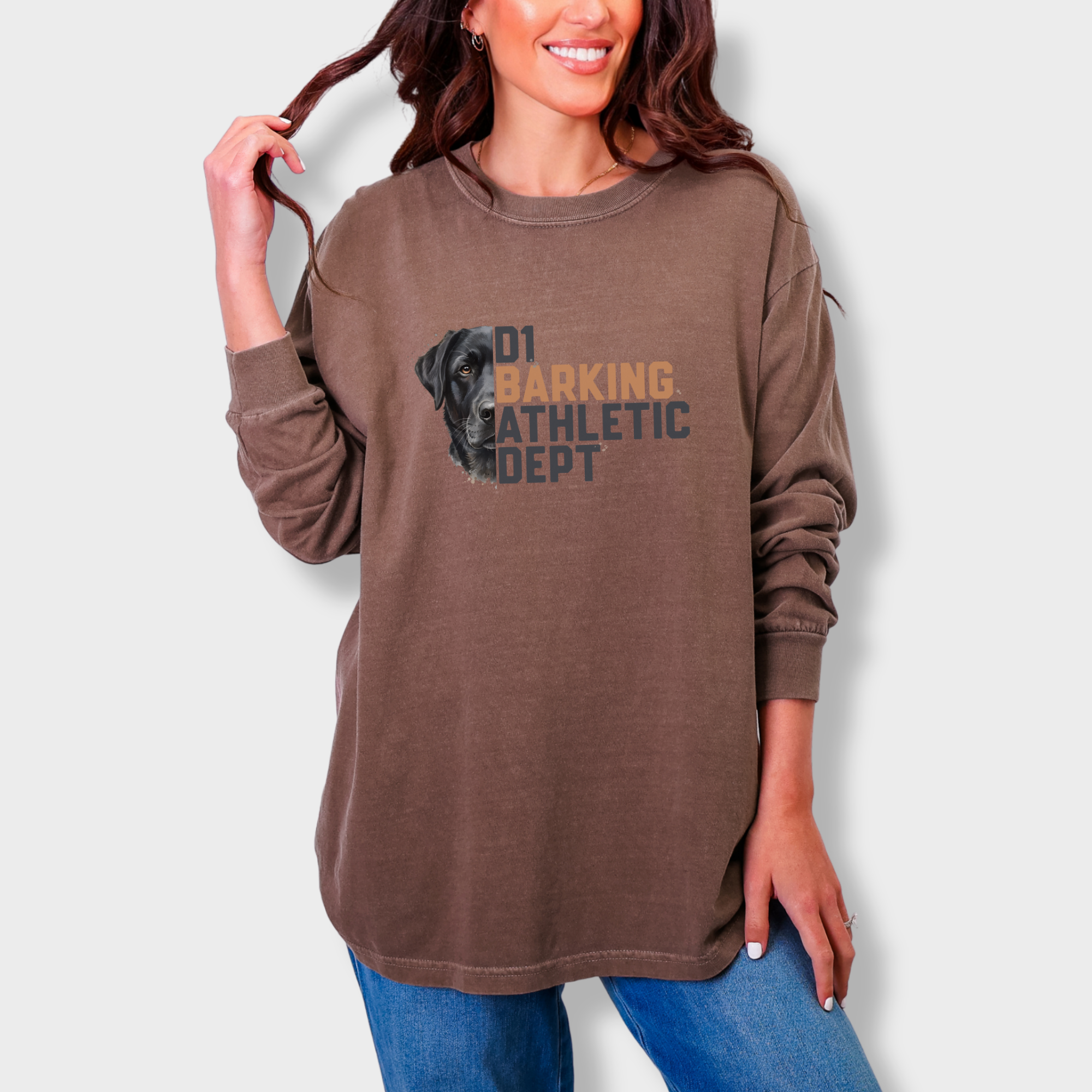 fetch-n-found unisex tee for men and women featuring , D1 Barking Athletic Department Espresso graphic T-Shirt made of 100% cotton - Espresso Model 2