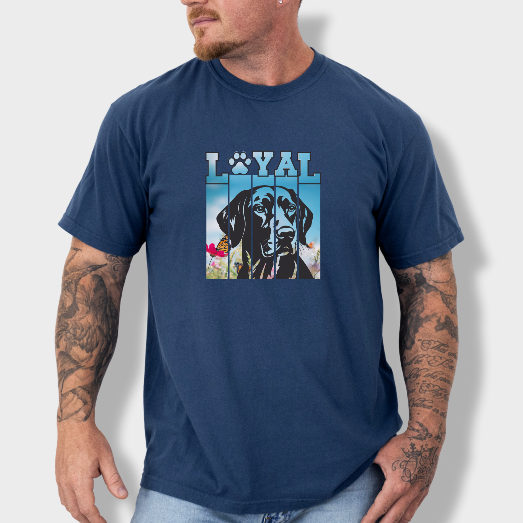 artistic-loyal-dog-graphic-comfort-colors-t-shirt-in-midnight - Midnight Lifestyle Male Model