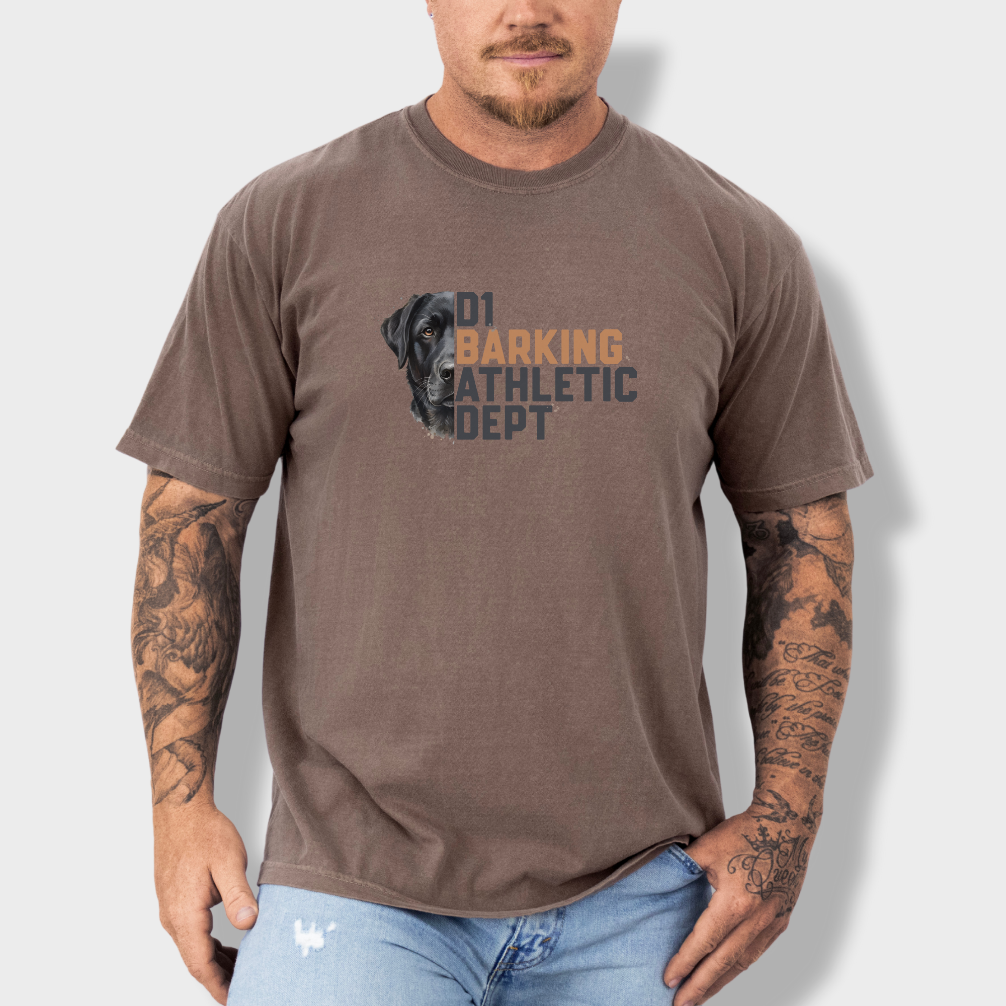 fetch-n-found unisex tee for men and women featuring , D1 Barking Athletic Department Espresso graphic T-Shirt made of 100% cotton - Espresso Lifestyle Male Model