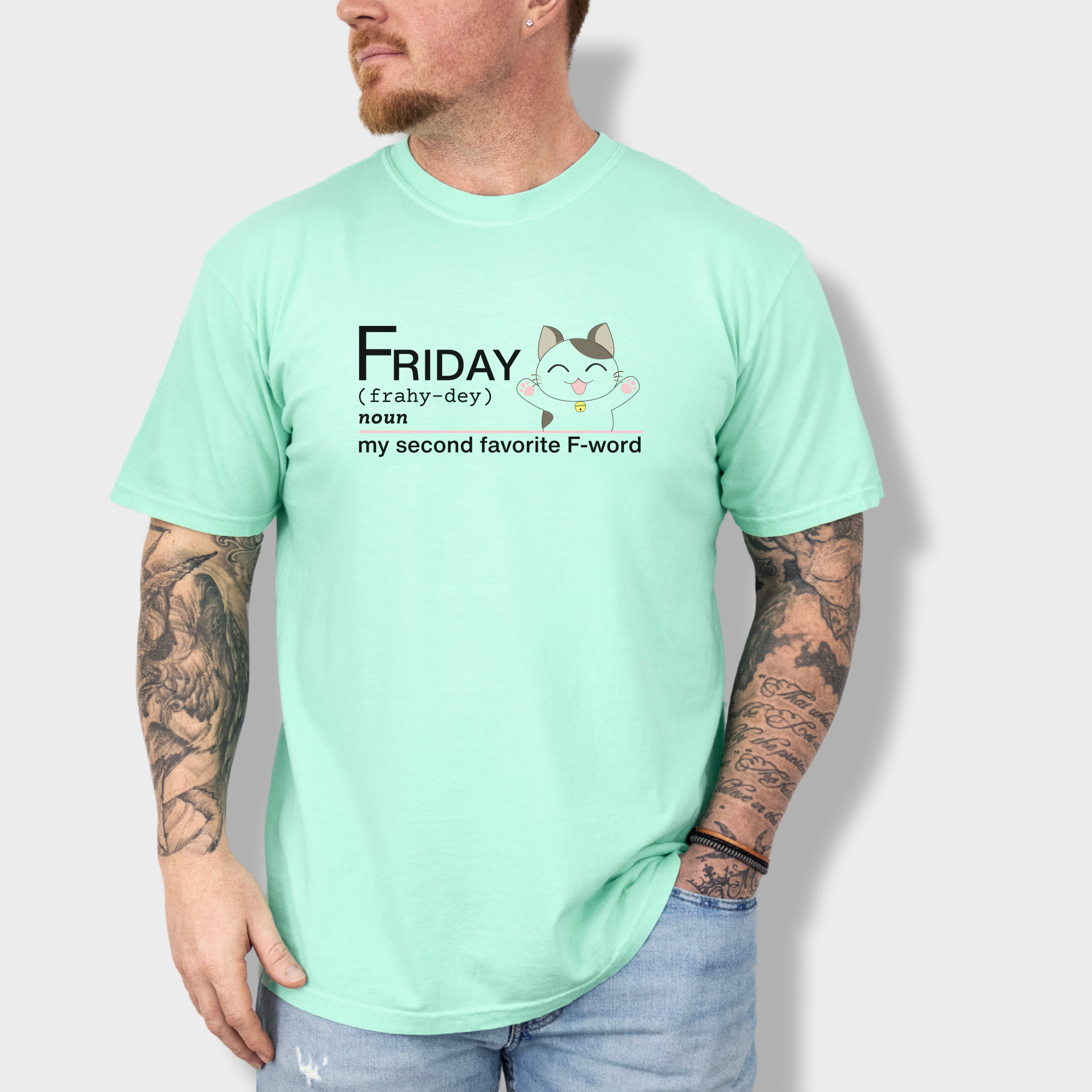 artistic-friday-second-favorite-f-word-cat-text-comfort-colors-t-shirt-in-island-reef - Island Reef Lifestyle Male Model