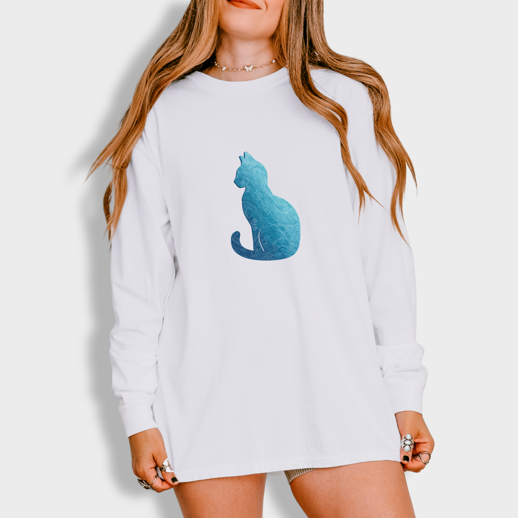 Comfort Colors® Cat unisex tee for men and women featuring Artistic, Topographical Cat White graphic Long Sleeved T-Shirt made of 100% cotton by Fetch N Found - White Model 1