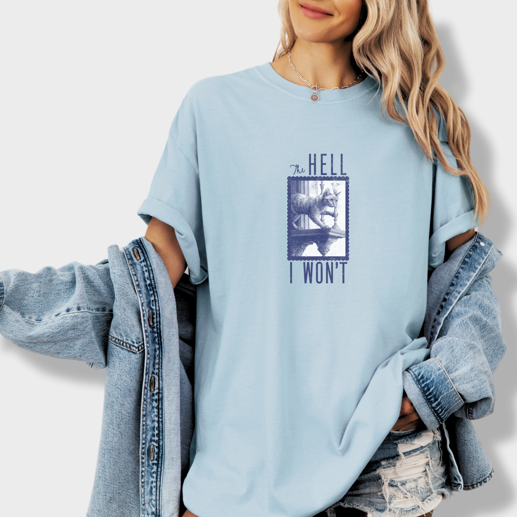the-hell-i-wont-cat-edition-comfort-colors-t-shirt-in-chambray - Chambray Lifestyle Female Model