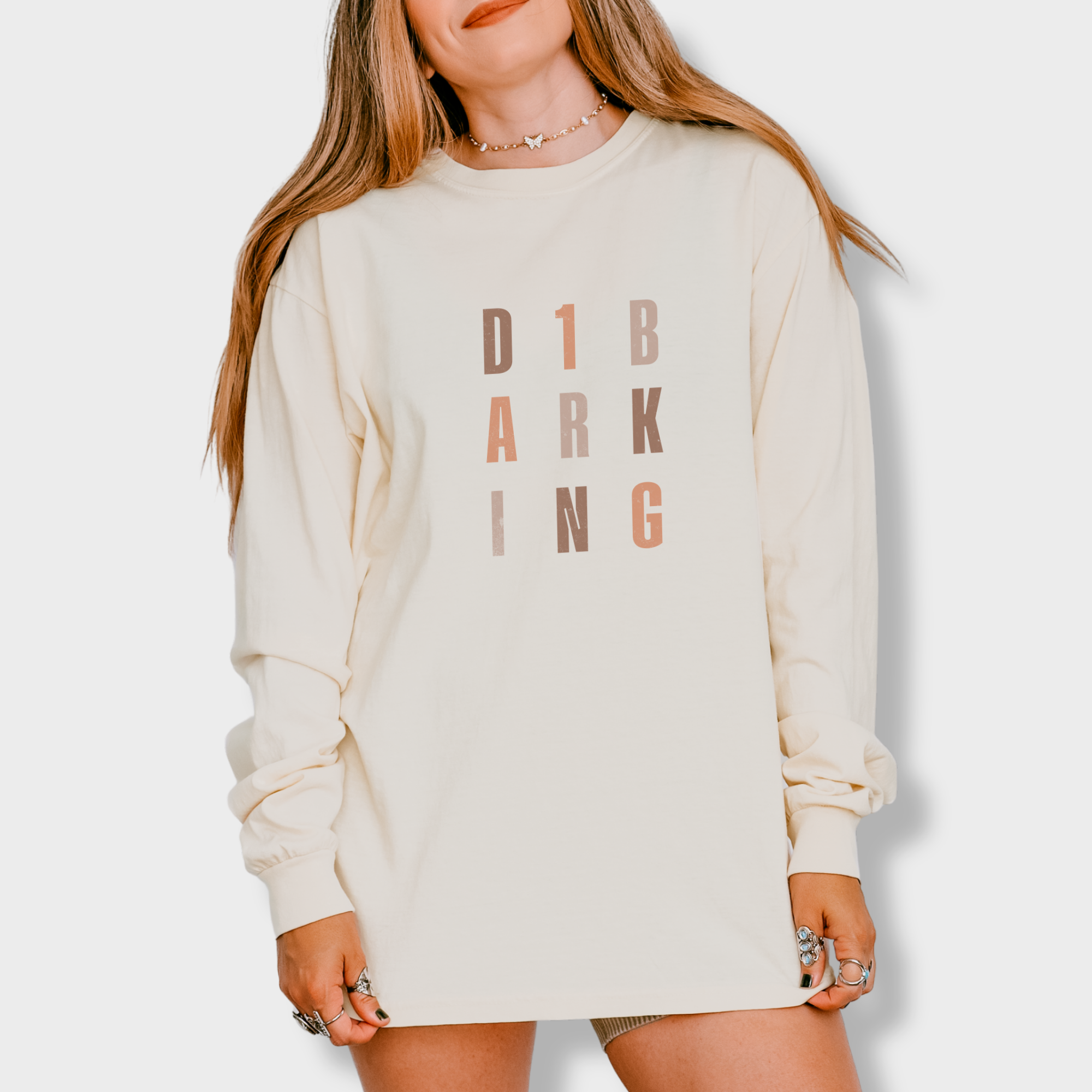 fetch-n-found unisex tee for men and women featuring , D1 Barking Modern Neutral Grid Ivory graphic T-Shirt made of 100% cotton - Ivory Model 1