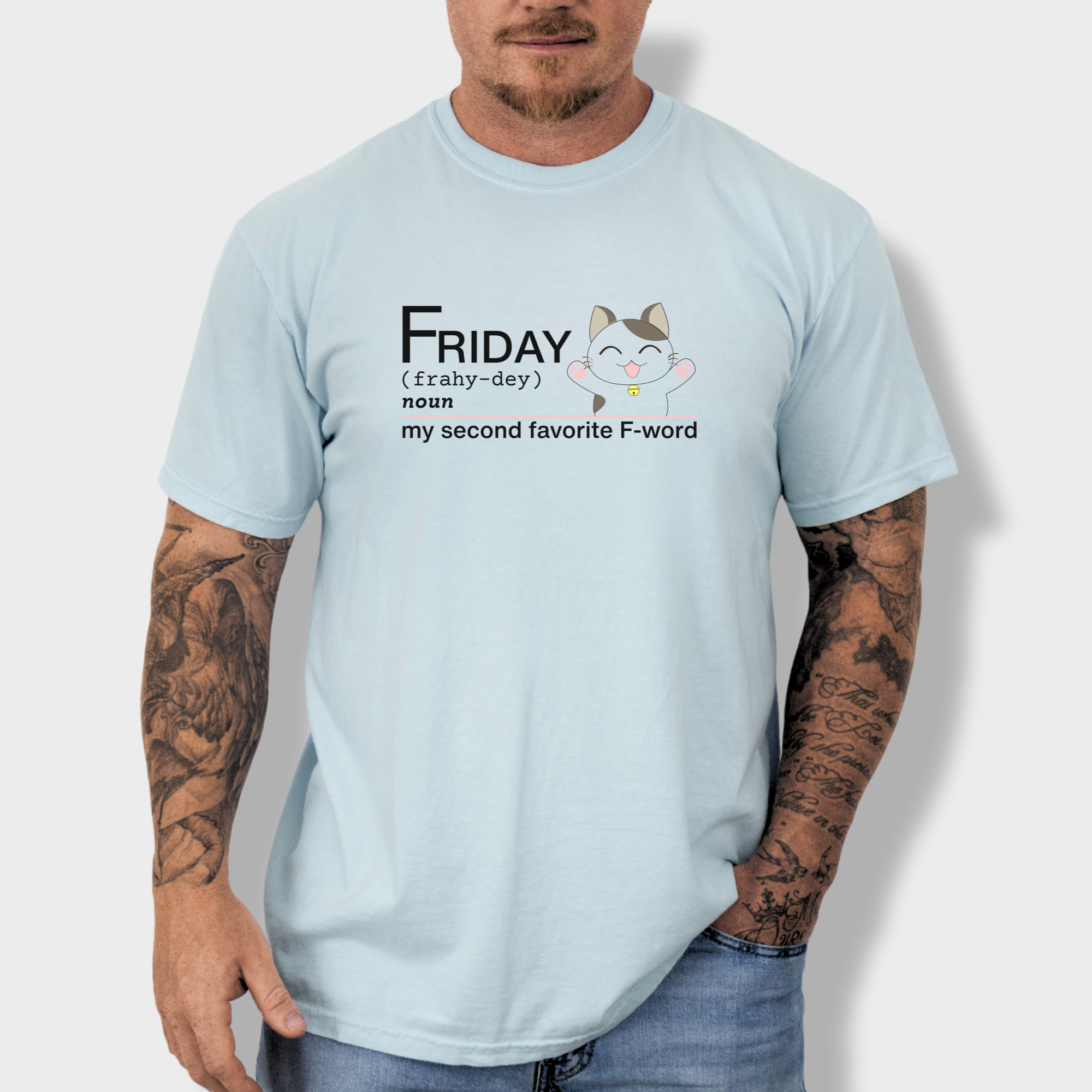 artistic-friday-second-favorite-f-word-cat-text-comfort-colors-t-shirt-in-chambray - Chambray Lifestyle Male Model