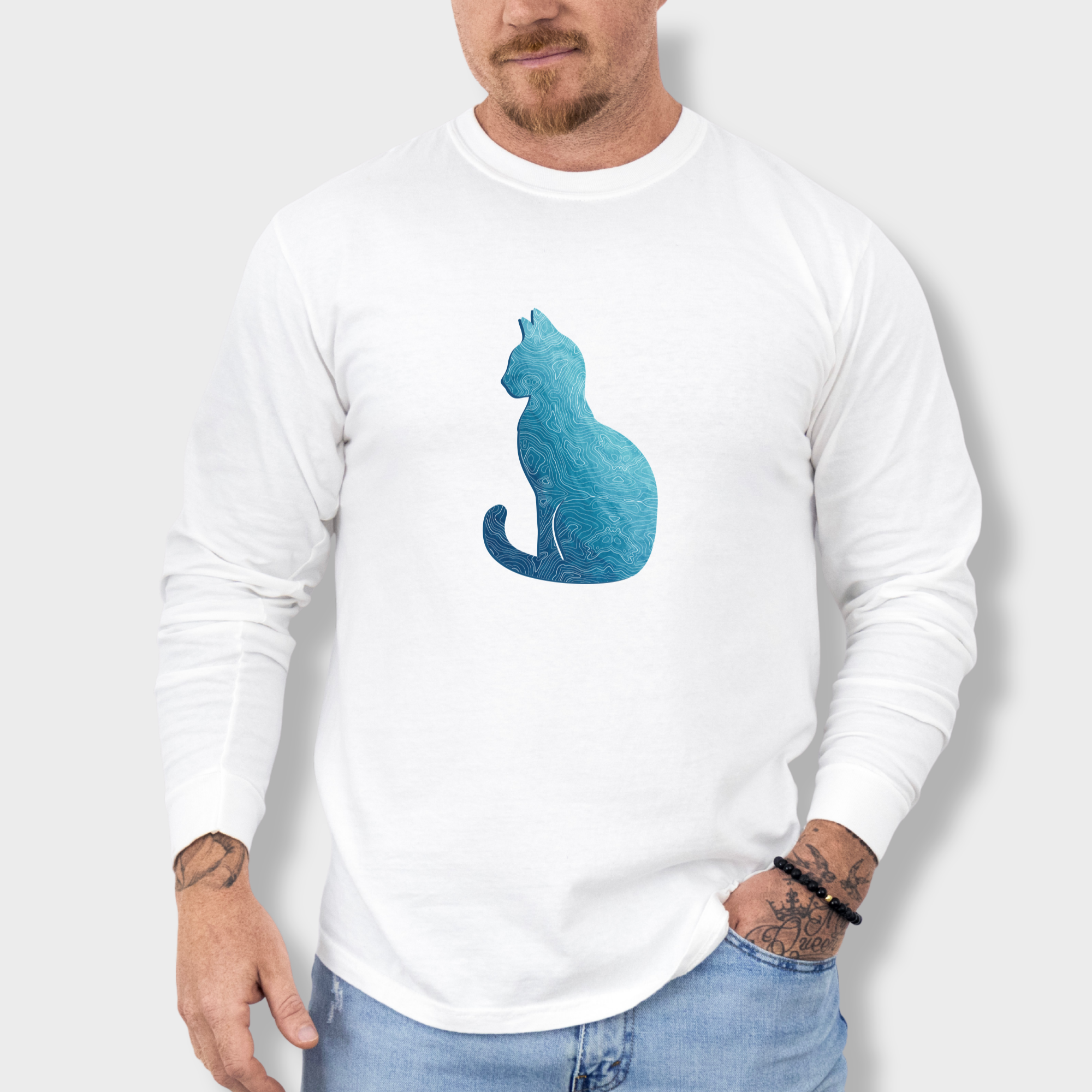 Comfort Colors® Cat unisex tee for men and women featuring Artistic, Topographical Cat White graphic Long Sleeved T-Shirt made of 100% cotton by Fetch N Found - White Model 2