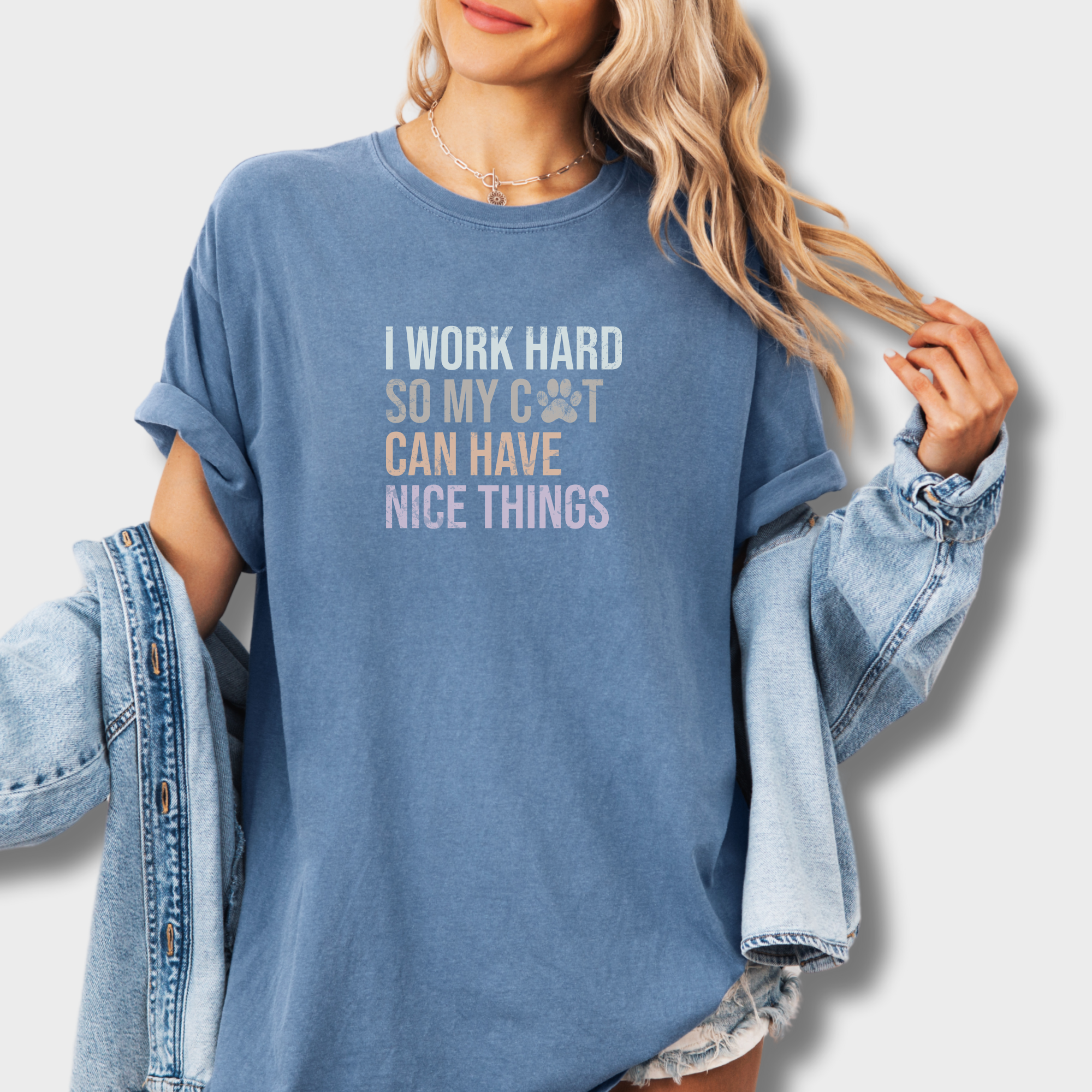 cat-has-nice-things-t-shirt-in-blue-jean - Blue Jean Lifestyle Female Model