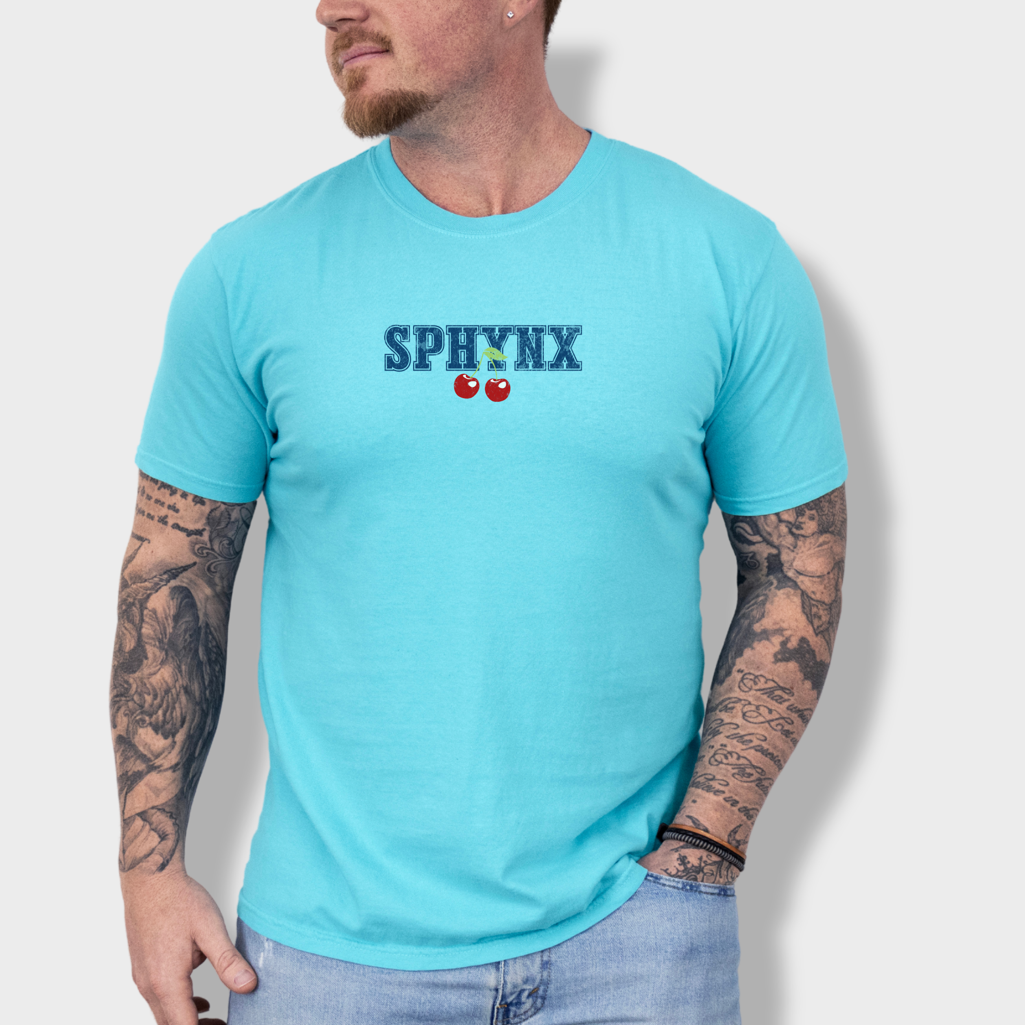 sphynx-cherry-comfort-colors-t-shirt-in-lagoon-blue - Lagoon Blue Lifestyle Male Model