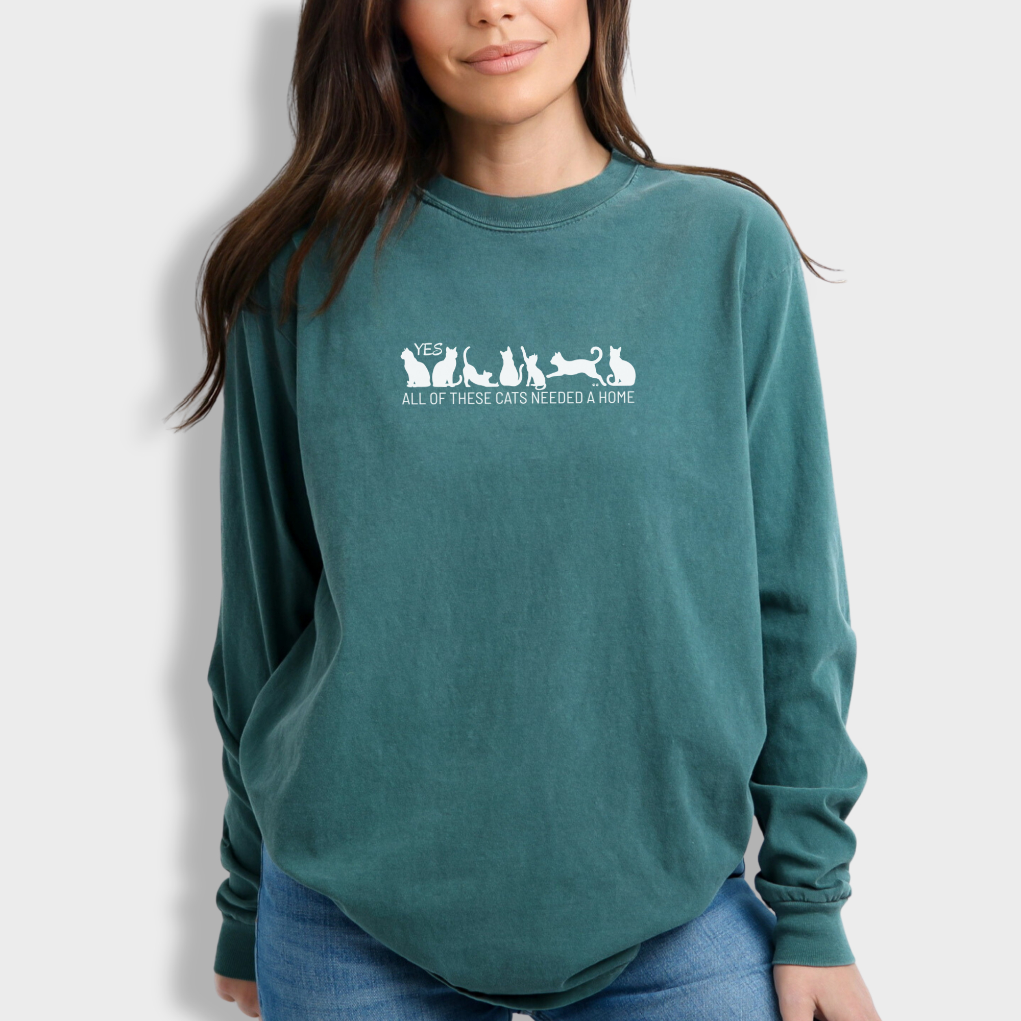 fetch-n-found unisex tee for men and women featuring , Yes all of these cats needed a home Blue Spruce graphic T-Shirt made of 100% cotton - Blue Spruce Model 1