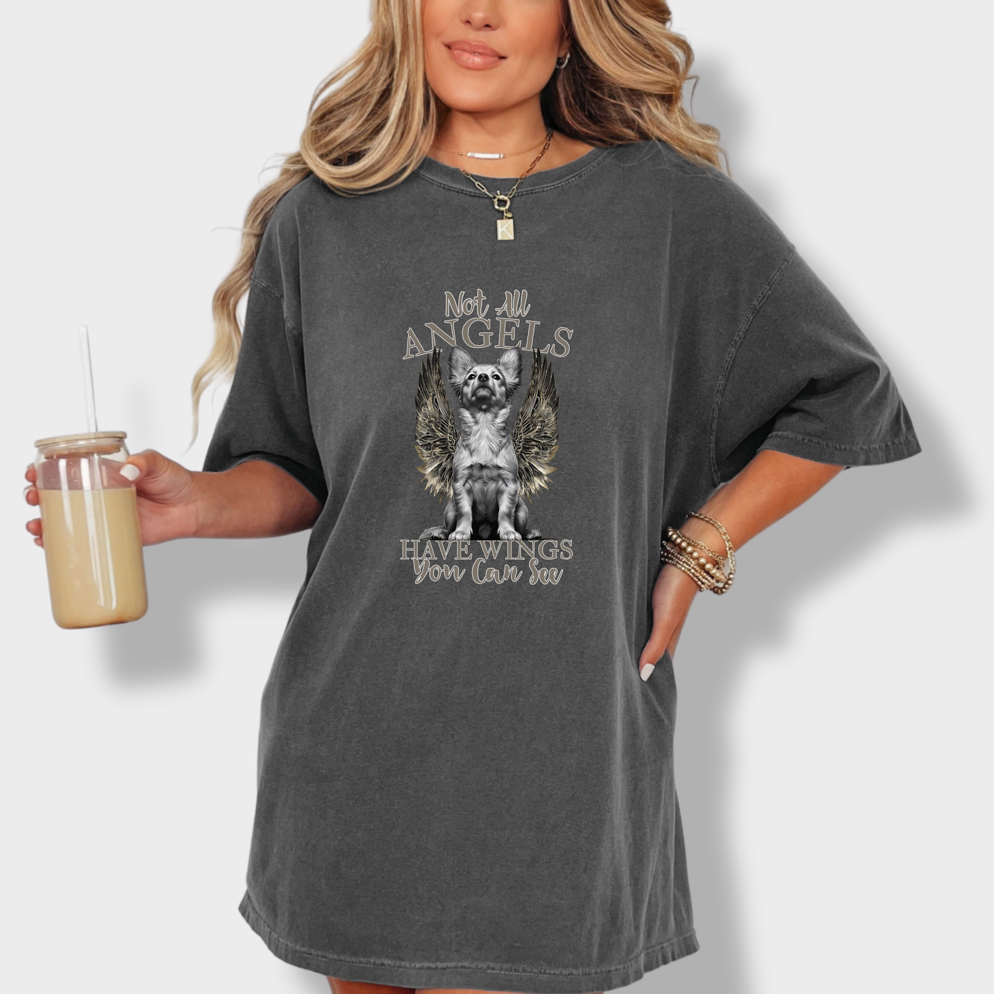 artistic-not-all-angels-have-wings-you-can-see-dog-graphic-comfort-colors-t-shirt-in-pepper - Pepper Lifestyle Female Model