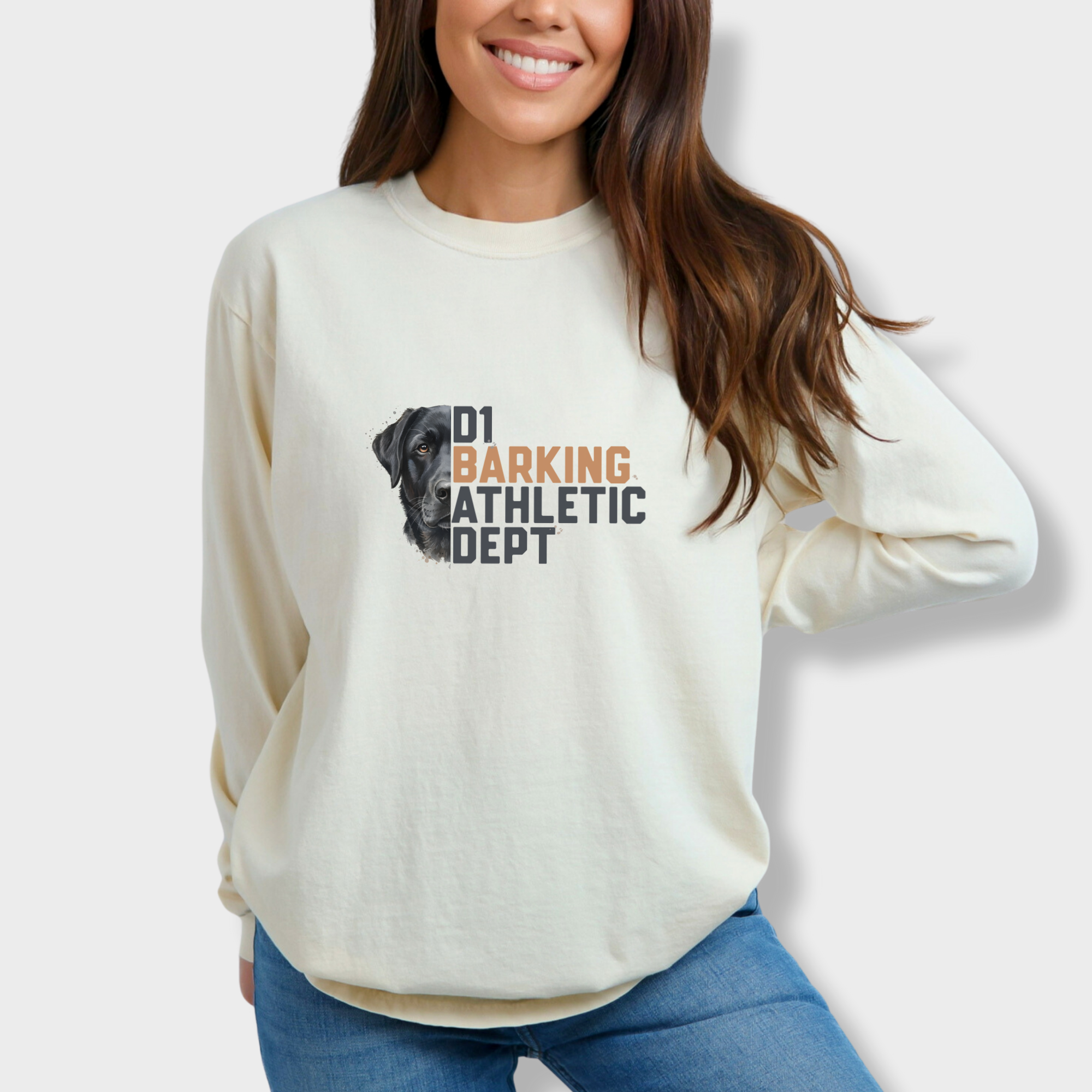 fetch-n-found unisex tee for men and women featuring , D1 Barking Athletic Department Ivory graphic T-Shirt made of 100% cotton - Ivory Model 2