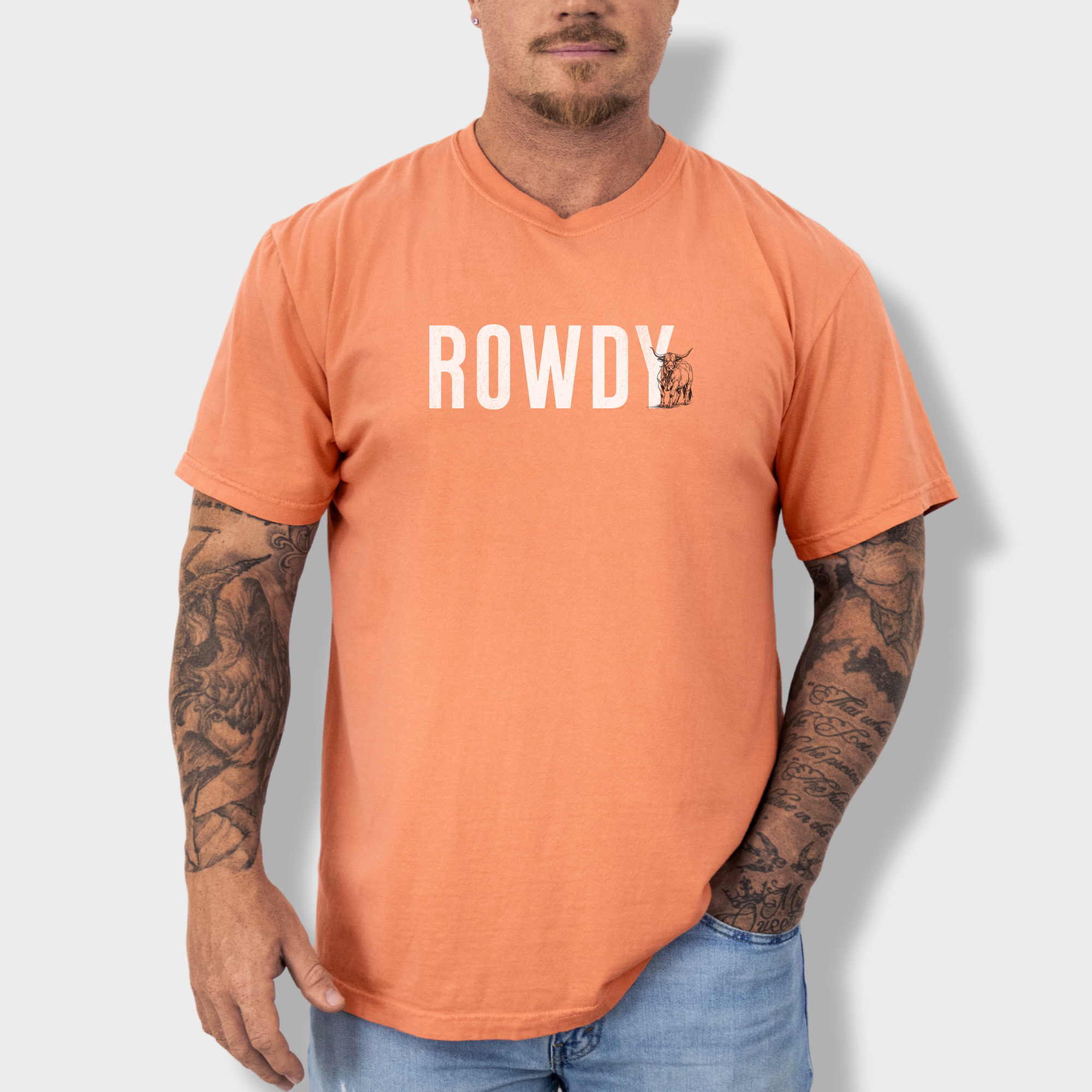 western-rowdy-animal-text-comfort-colors-t-shirt-in-terracotta - Terracotta Lifestyle Male Model