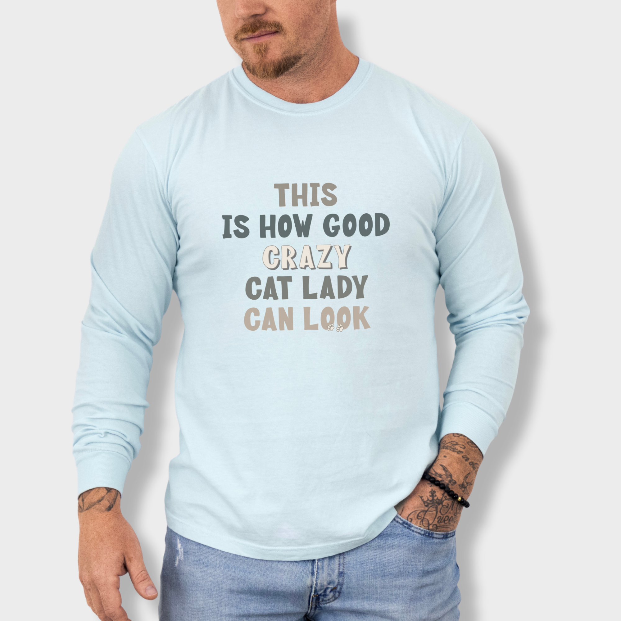 fetch-n-found unisex tee for men and women featuring , This Is How Good Crazy Cat Lady Can Look Chambray graphic T-Shirt made of 100% cotton - Chambray Model 2