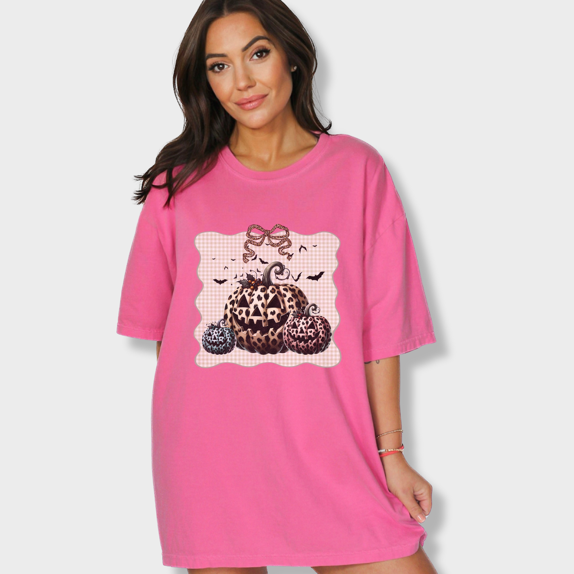 western-preppy-leopard-print-jack-o-lanterns-cat-bow-comfort-colors-t-shirt-in-crunchberry - Crunchberry Lifestyle Female Model