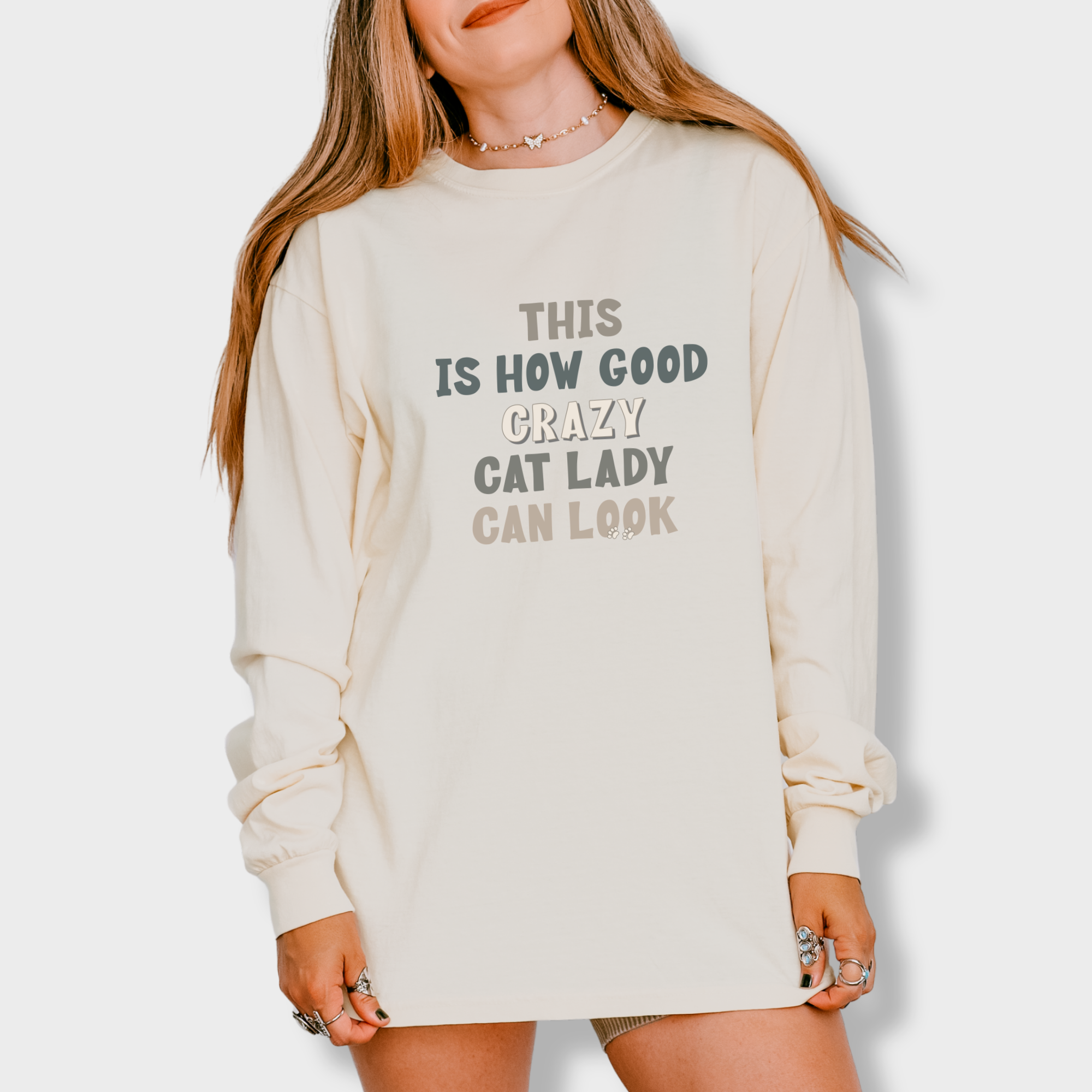 fetch-n-found unisex tee for men and women featuring , This Is How Good Crazy Cat Lady Can Look Ivory graphic T-Shirt made of 100% cotton - Ivory Model 1