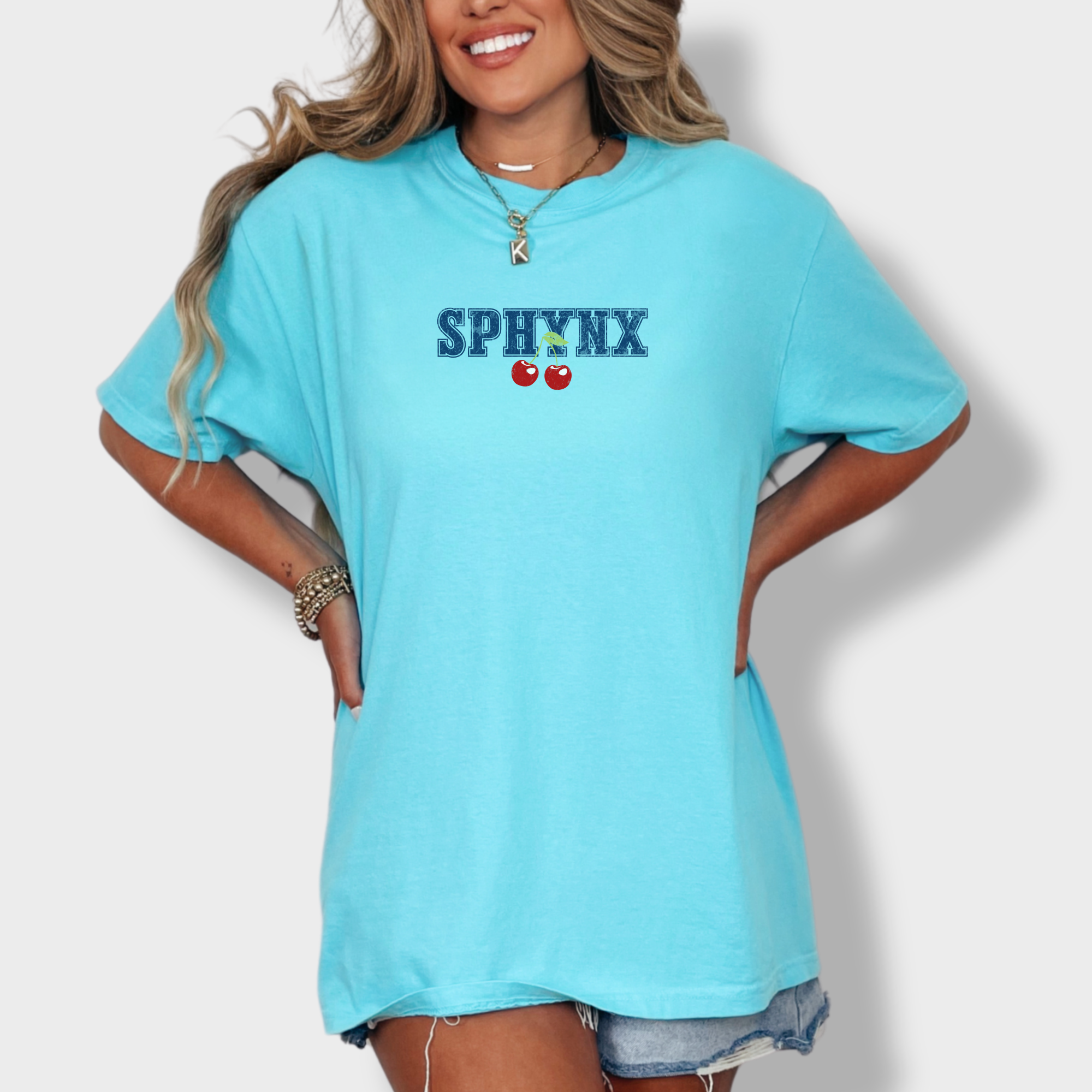 sphynx-cherry-comfort-colors-t-shirt-in-lagoon-blue - Lagoon Blue Lifestyle Female Model