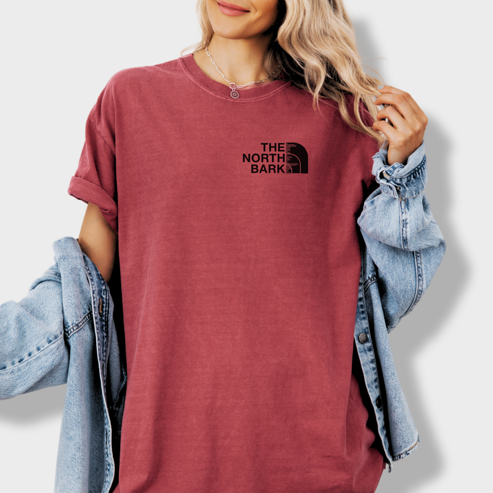 artistic-the-north-bark-dog-graphic-comfort-colors-t-shirt-in-crimson - Crimson Lifestyle Female Model