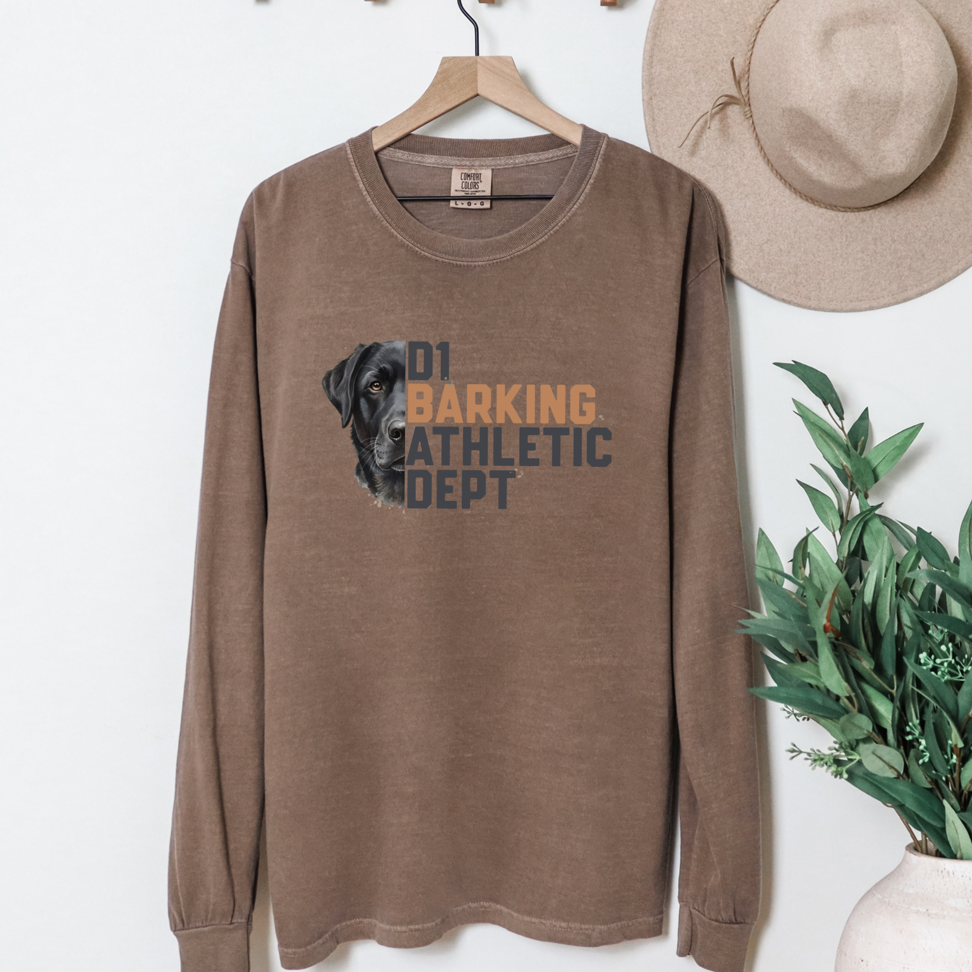 fetch-n-found unisex tee for men and women featuring , D1 Barking Athletic Department Espresso graphic T-Shirt made of 100% cotton - Espresso Hanging Front