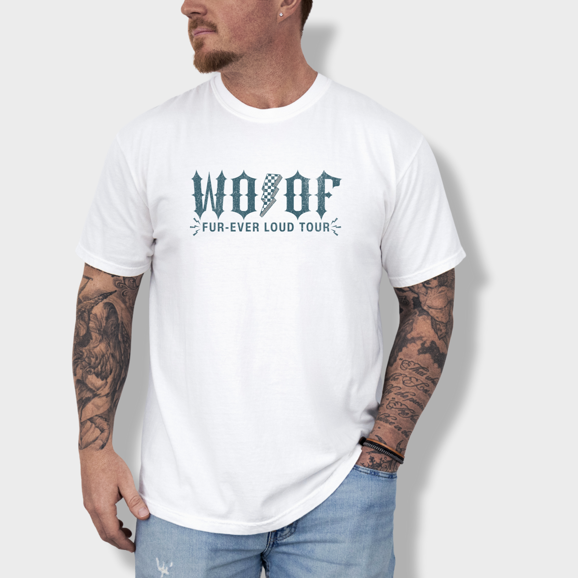 artistic-woof-furever-loud-tour-dog-graphic-comfort-colors-t-shirt-in-white - White Lifestyle Male Model