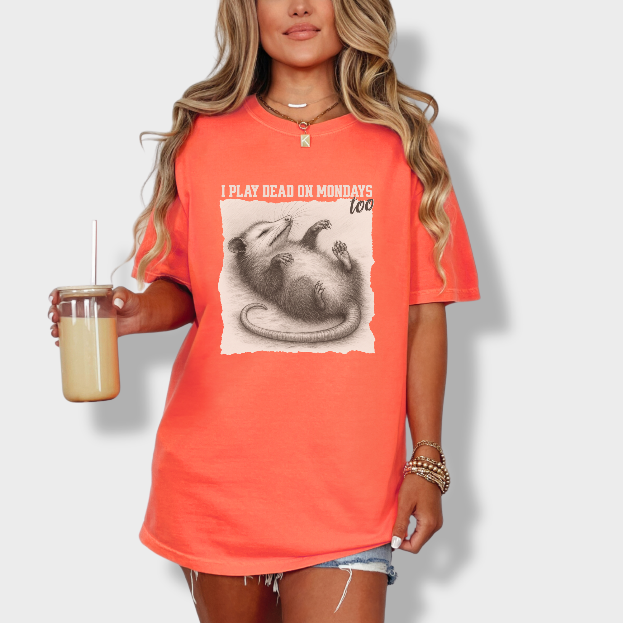 western-i-play-dead-on-mondays-too-feral-line-art-comfort-colors-t-shirt-in-bright-salmon - Bright Salmon Lifestyle Female Model