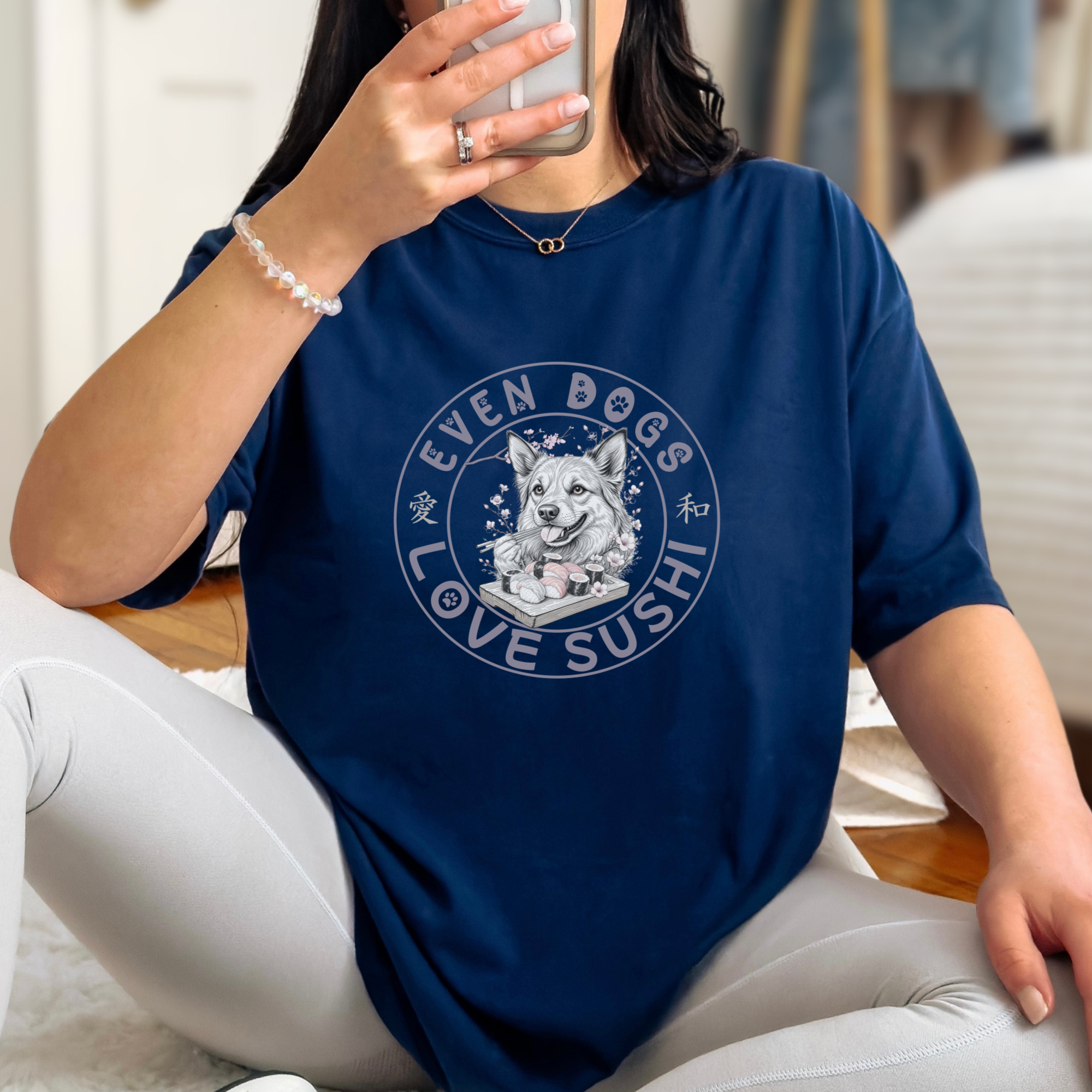 floral-even-dogs-love-sushi-plus-cherry-blossoms-dog-graphic-comfort-colors-t-shirt-in-true-navy - True Navy Lifestyle Male Model