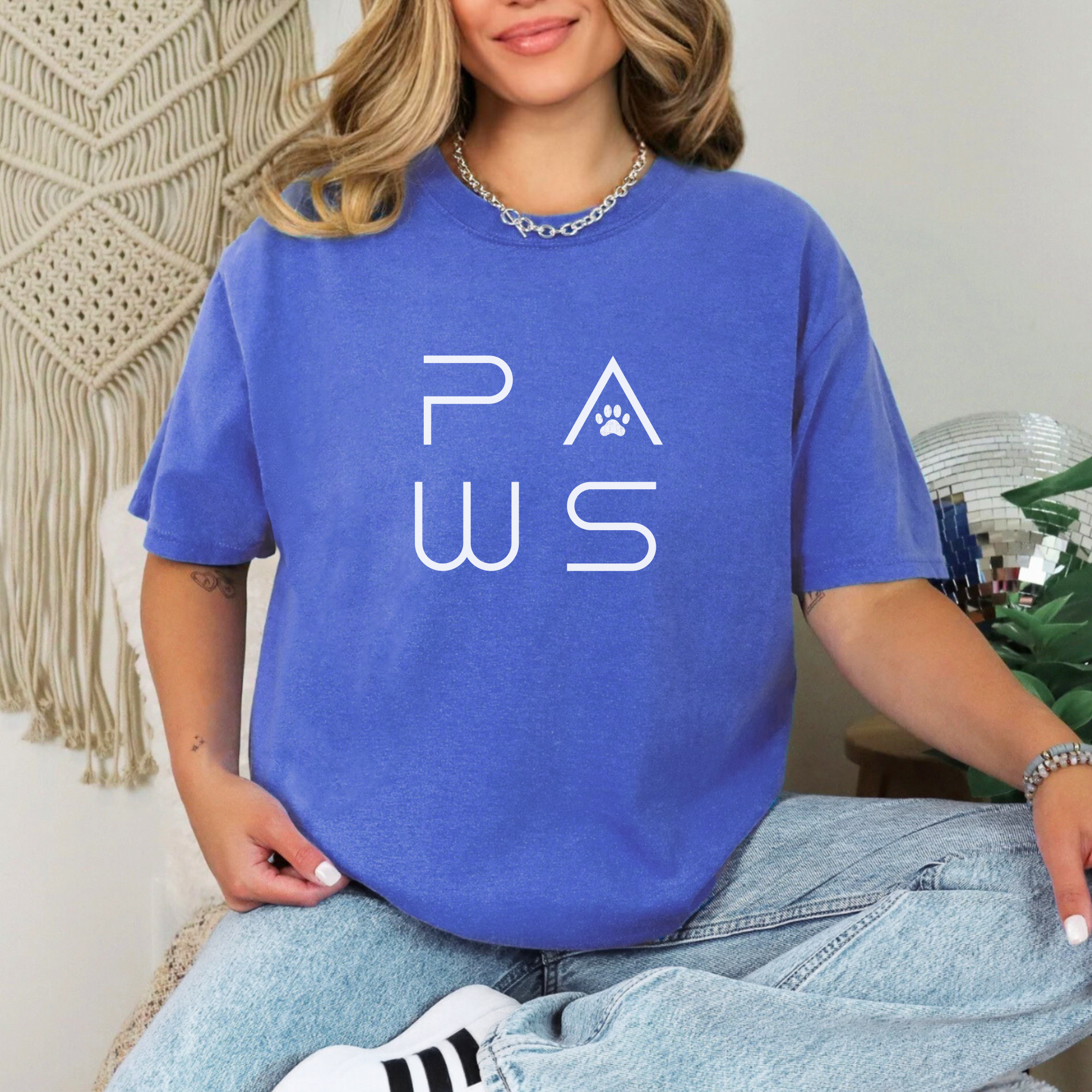 minimalist-paws-modern-text-design-pet-text-comfort-colors-t-shirt-in-flo-blue - Flo Blue Lifestyle Female Model