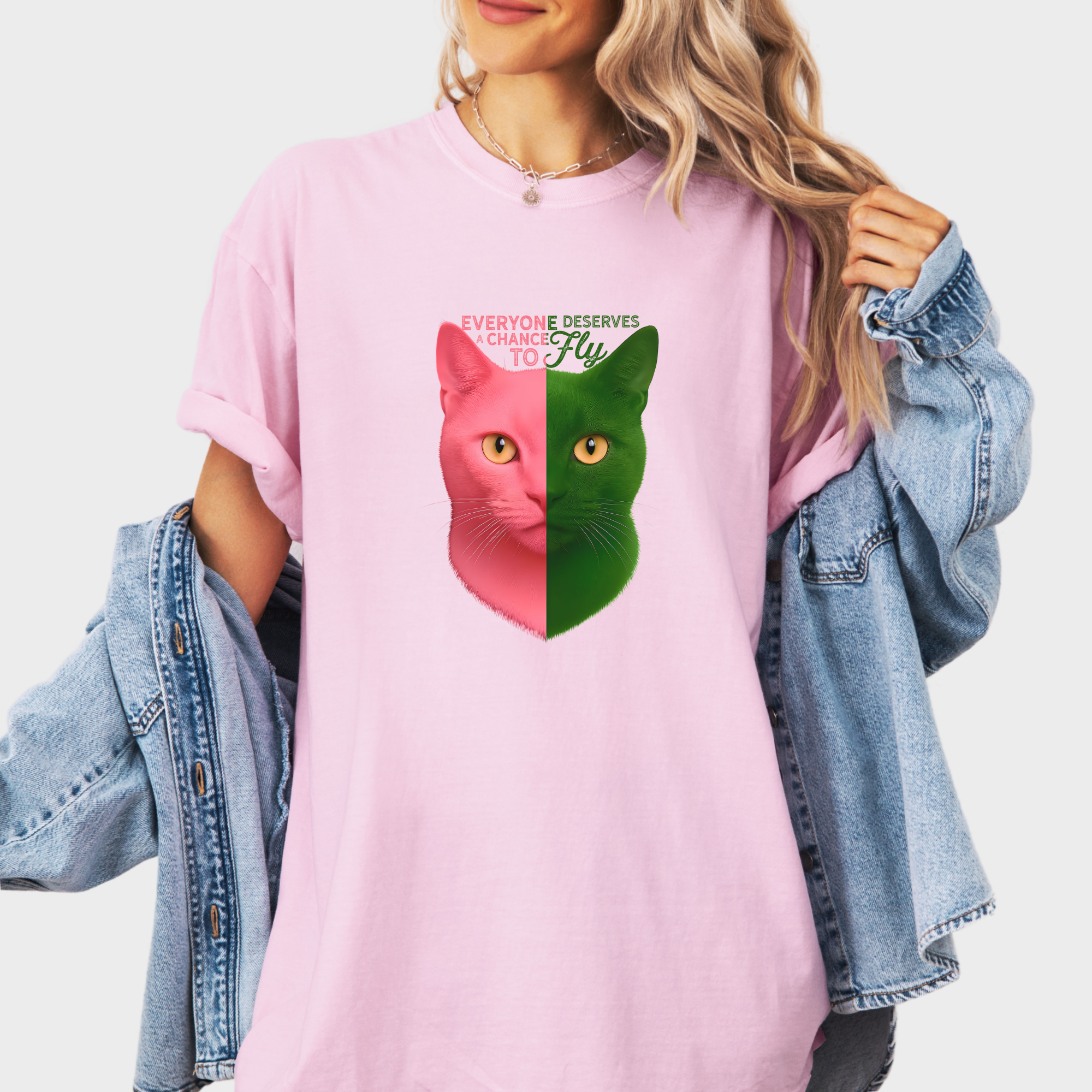 movie-inspired-everyone-deserves-a-chance-to-fly-cat-graphic-comfort-colors-t-shirt-in-blossom - Blossom Lifestyle Female Model