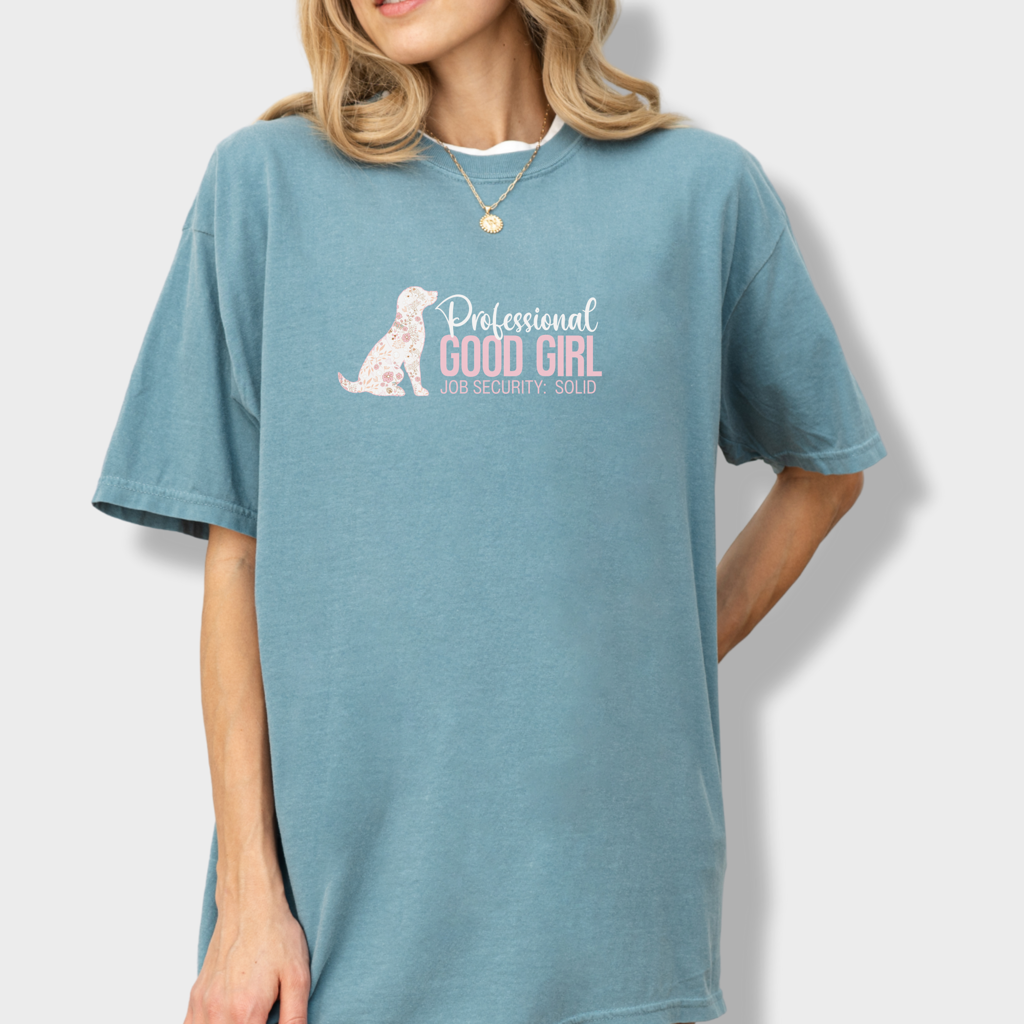 floral-professional-good-girl-solid-job-security-dog-graphic-comfort-colors-t-shirt-in-ice-blue - Ice Blue Lifestyle Female Model