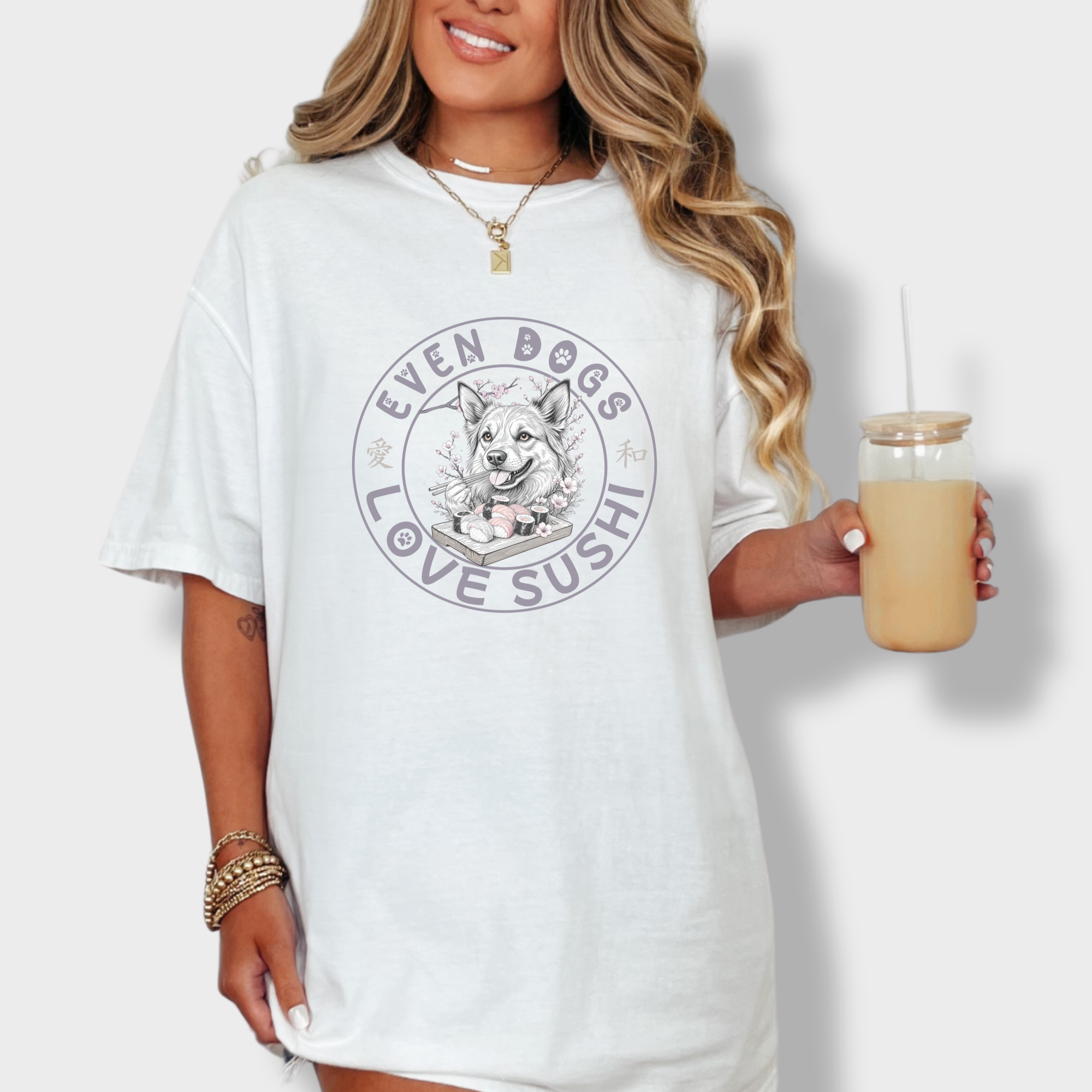floral-even-dogs-love-sushi-plus-cherry-blossoms-dog-graphic-comfort-colors-t-shirt-in-white - White Lifestyle Female Model