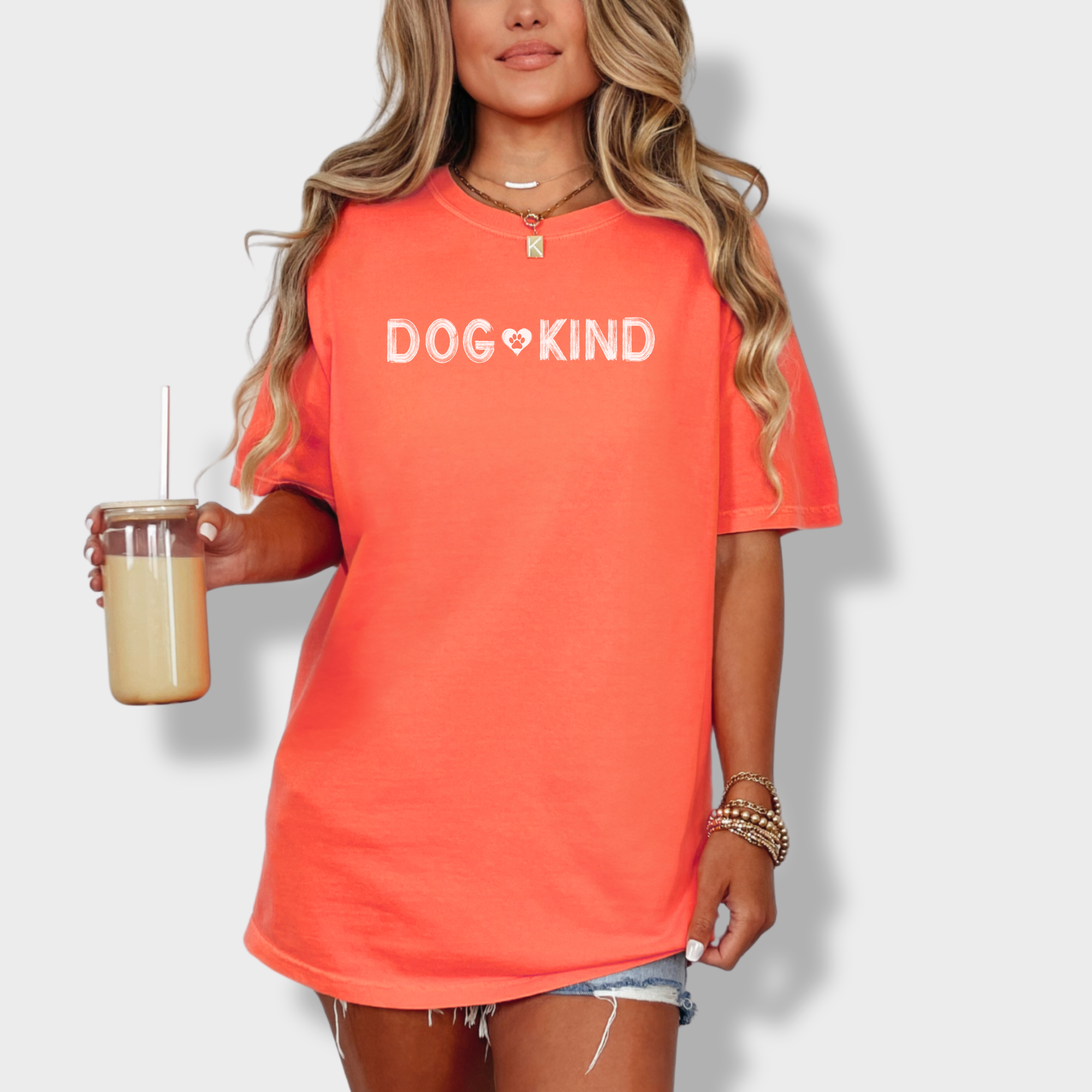 artistic-dogkind-dog-graphic-comfort-colors-t-shirt-in-bright-salmon - Bright Salmon Lifestyle Female Model
