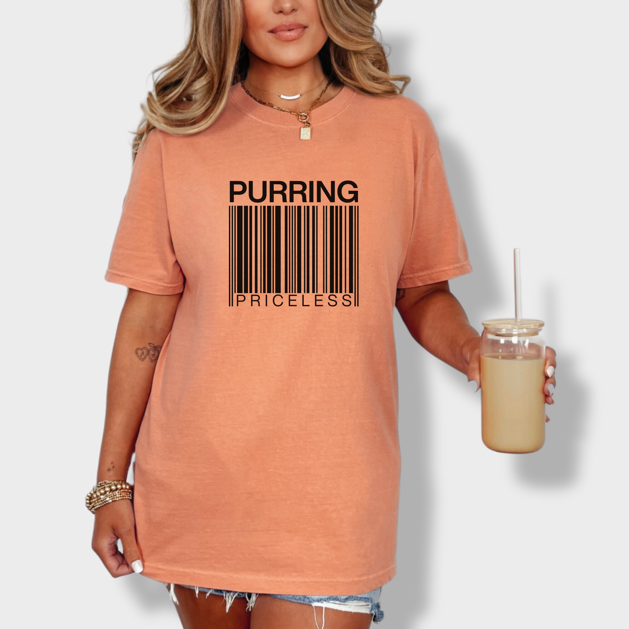 modern-purring-is-priceless-barcode-cat-graphic-comfort-colors-t-shirt-in-terracotta - Terracotta Lifestyle Female Model