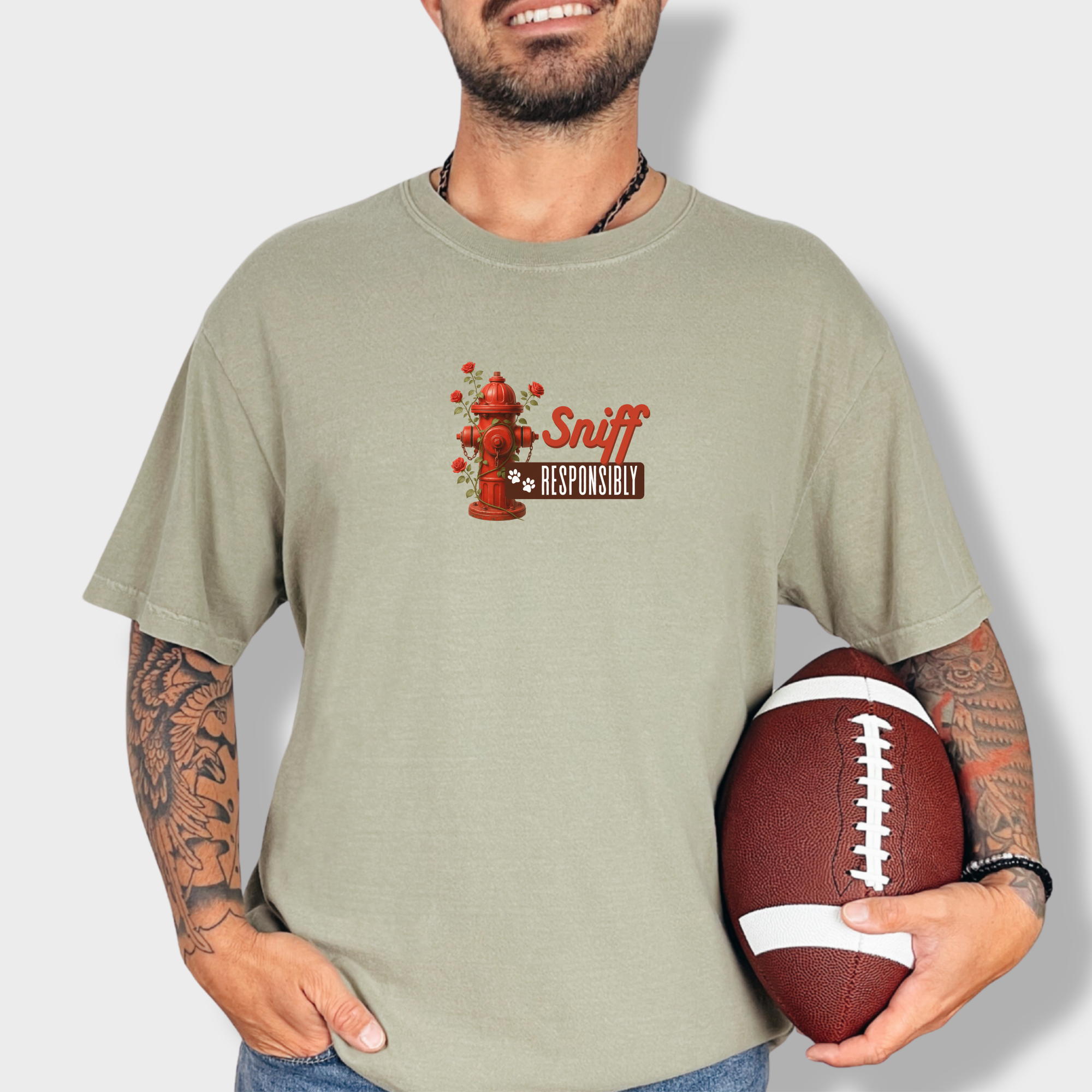 floral-sniff-responsibly-dog-graphic-comfort-colors-t-shirt-in-khaki - Khaki Lifestyle Male Model