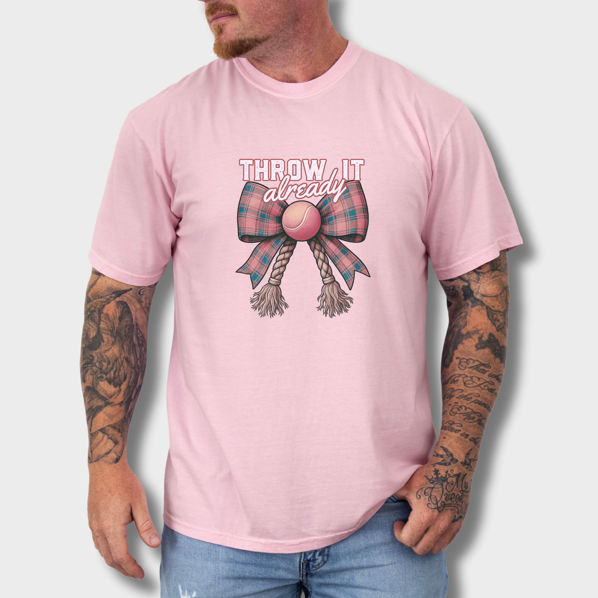 retro-throw-it-already-dog-chew-toy-bow-in-pink-dog-bow-comfort-colors-t-shirt-in-blossom - Blossom Lifestyle Male Model