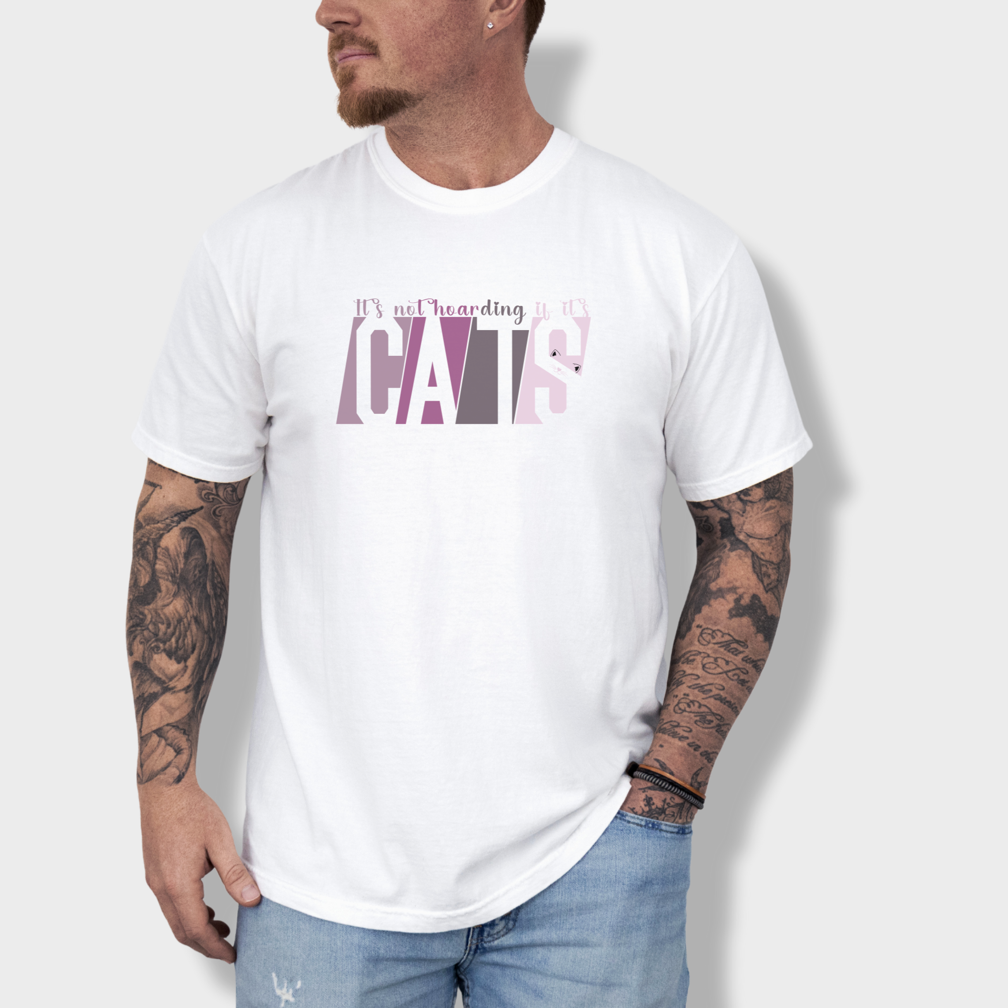 modern-its-not-hoarding-if-its-cats-cat-graphic-comfort-colors-t-shirt-in-white - White Lifestyle Male Model