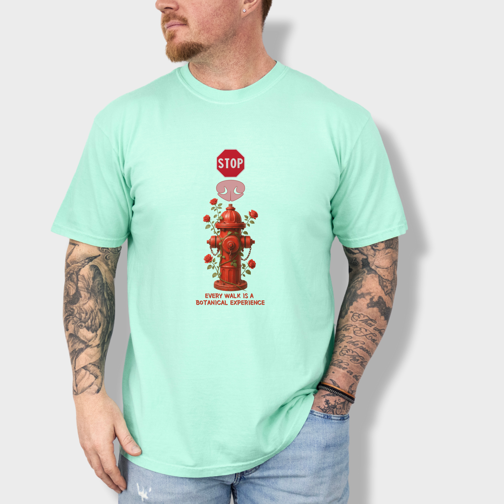 floral-every-walk-is-a-botanical-experience-dog-graphic-comfort-colors-t-shirt-in-island-reef - Island Reef Lifestyle Male Model