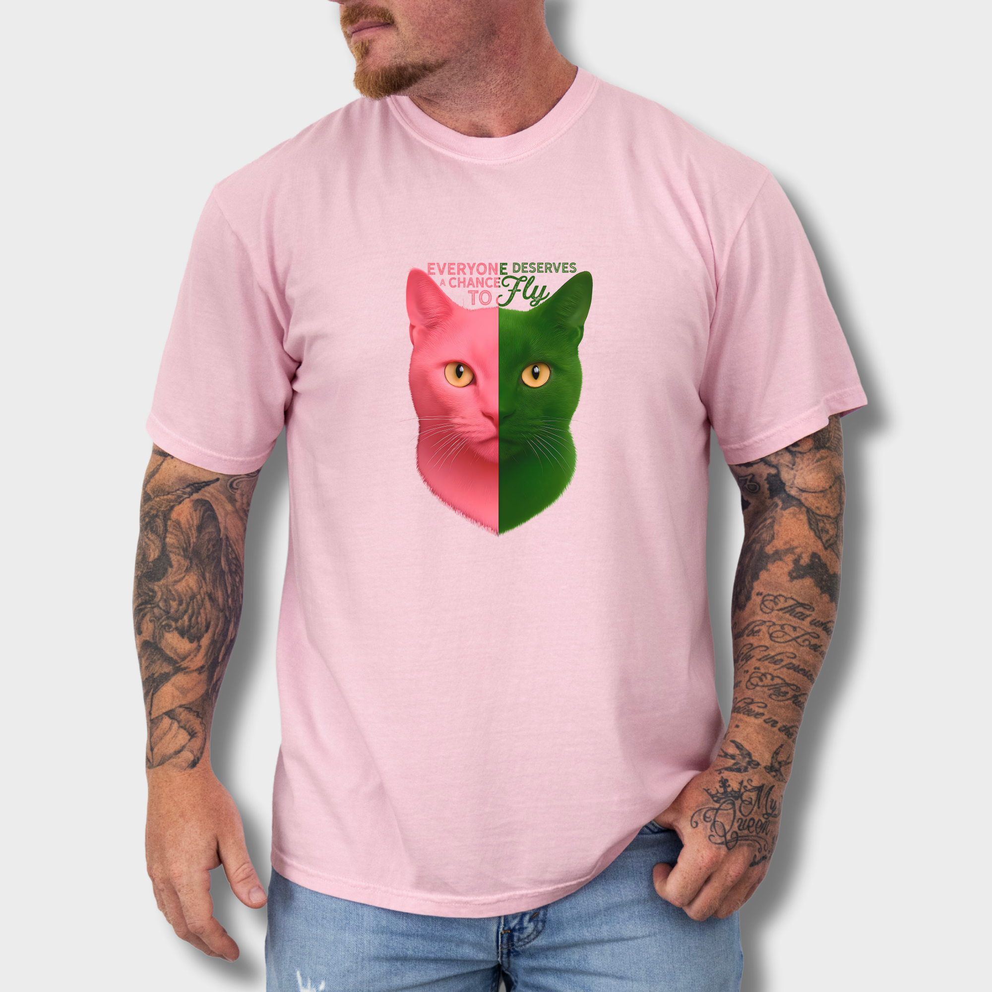 movie-inspired-everyone-deserves-a-chance-to-fly-cat-graphic-comfort-colors-t-shirt-in-blossom - Blossom Lifestyle Male Model