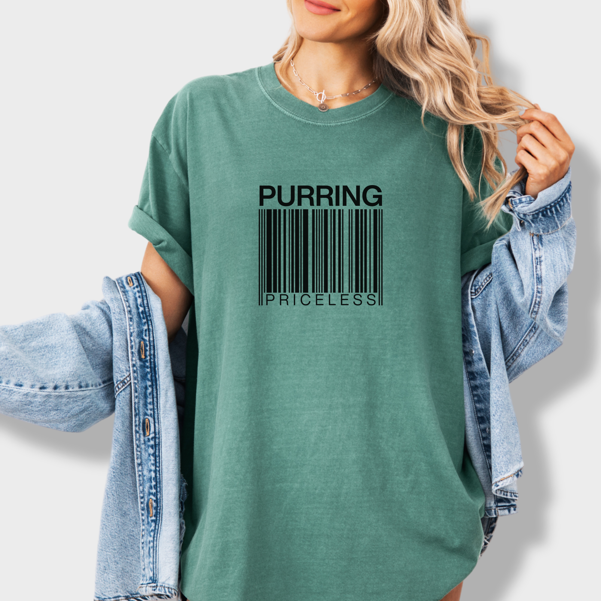 modern-purring-is-priceless-barcode-cat-graphic-comfort-colors-t-shirt-in-light-green - Light Green Lifestyle Female Model