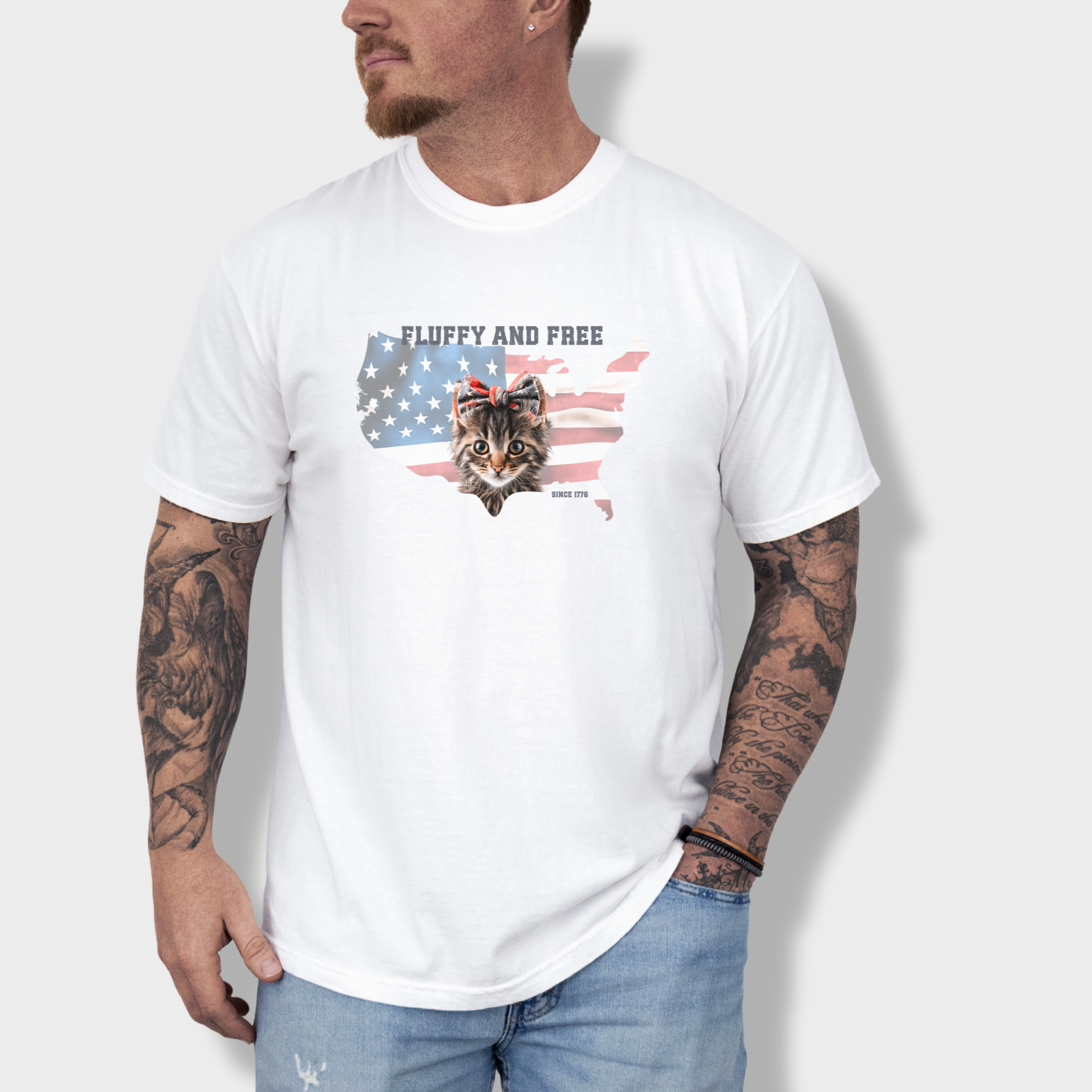 retro-fluffy-and-free-fourth-of-july-kitty-cat-graphic-comfort-colors-t-shirt-in-white - White Lifestyle Male Model
