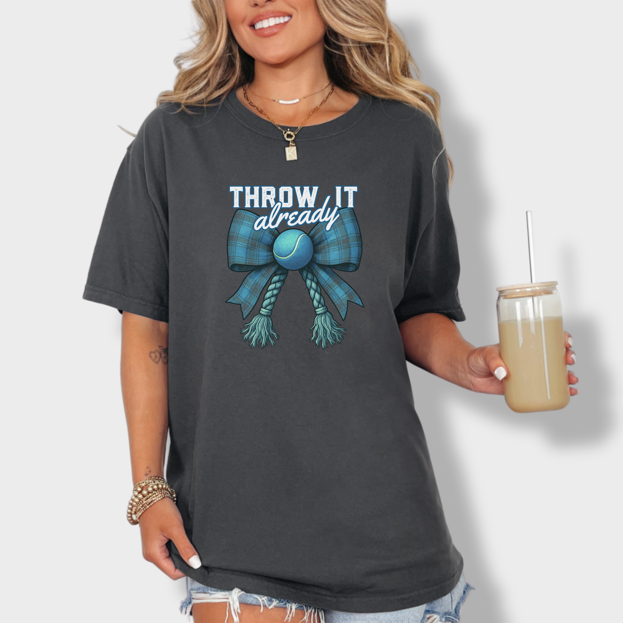 retro-throw-it-already-dog-chew-toy-bow-in-blue-dog-bow-comfort-colors-t-shirt-in-graphite - Graphite Lifestyle Female Model