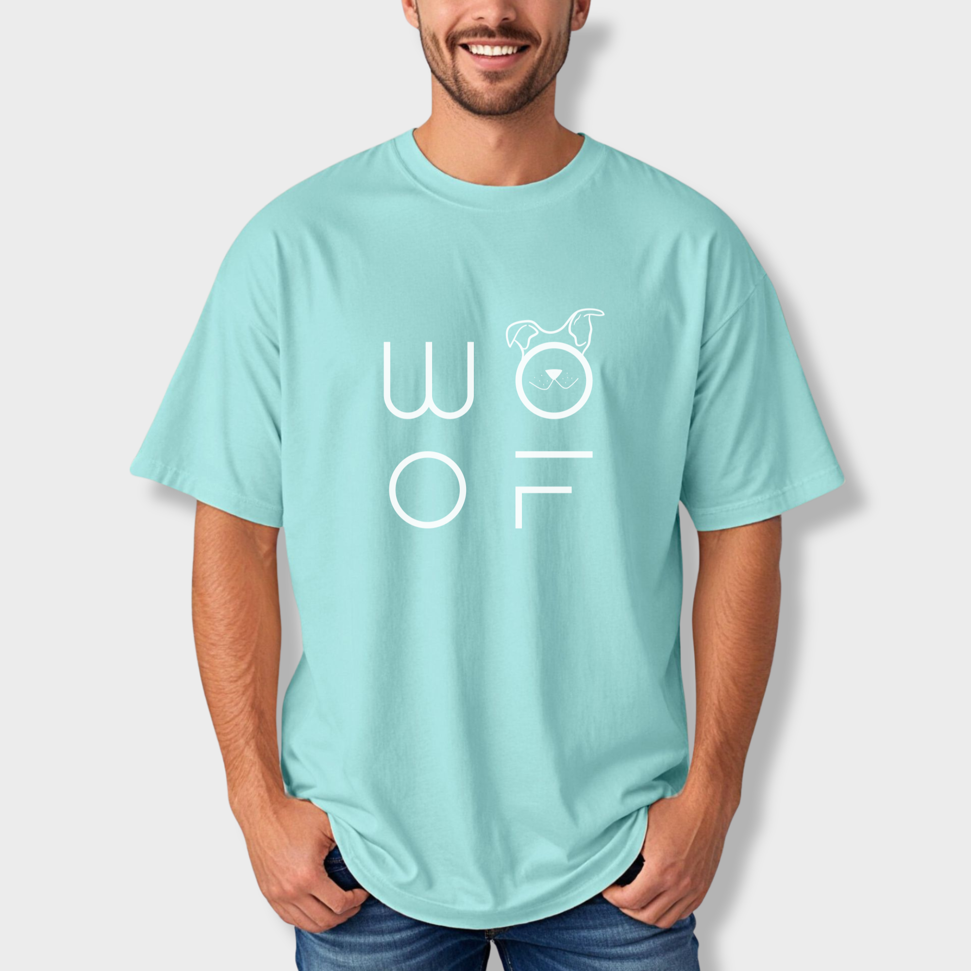 minimalist-woof-modern-text-design-dog-text-comfort-colors-t-shirt-in-chalky-mint - Chalky Mint Lifestyle Male Model