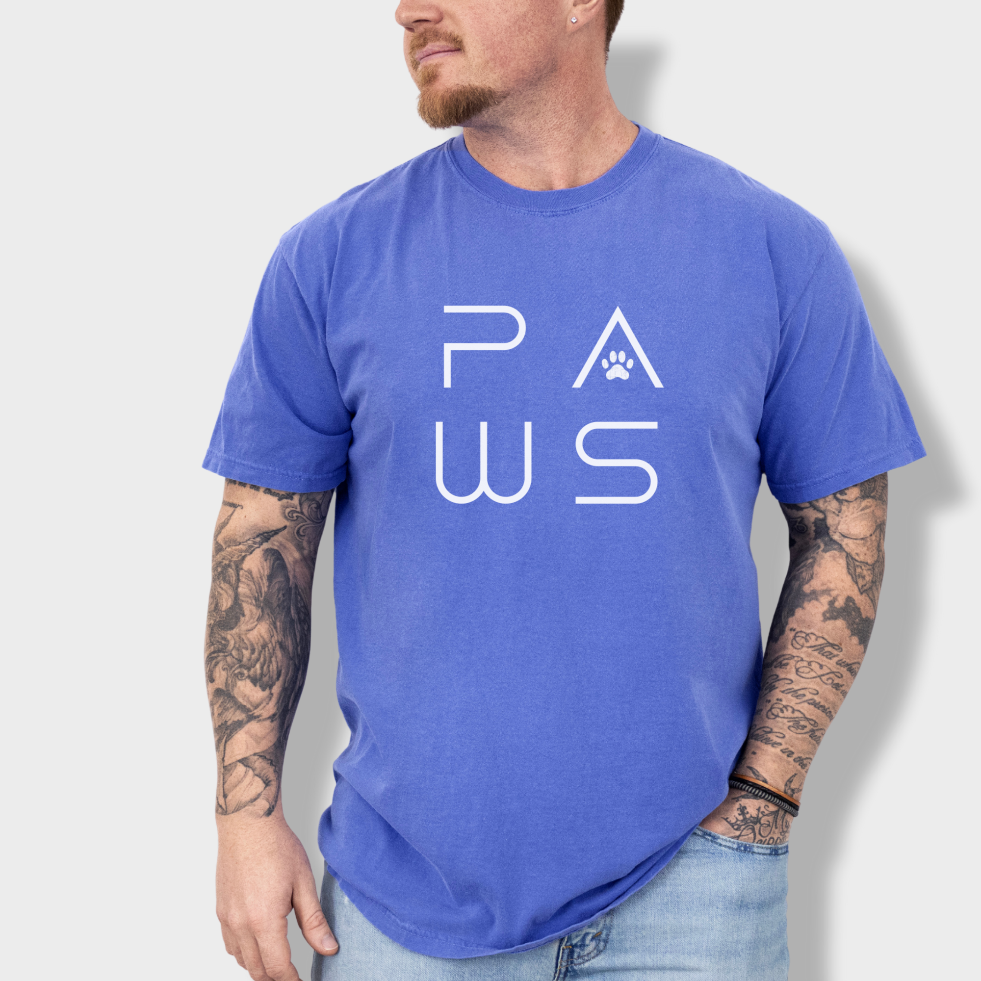 minimalist-paws-modern-text-design-pet-text-comfort-colors-t-shirt-in-flo-blue - Flo Blue Lifestyle Male Model