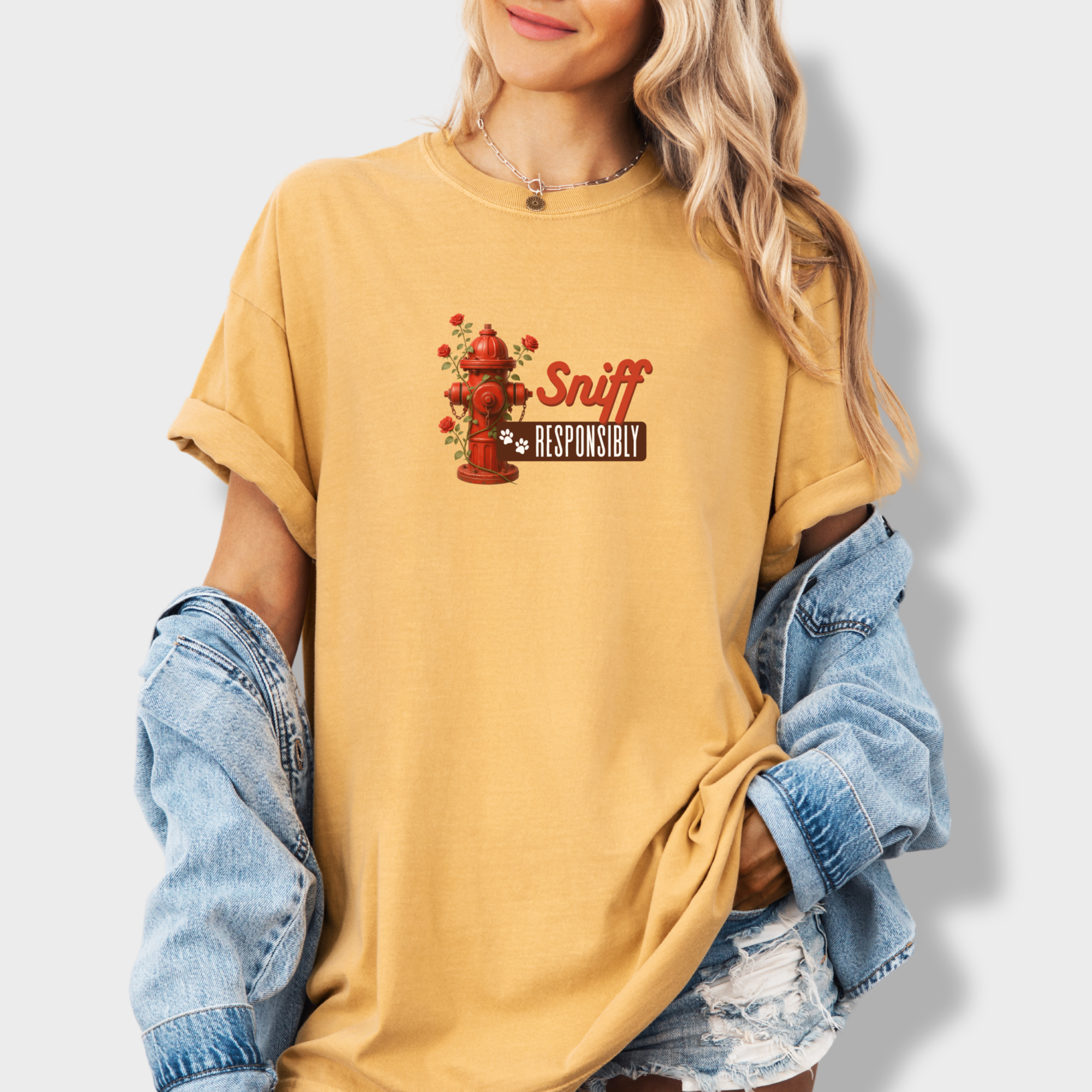 floral-sniff-responsibly-dog-graphic-comfort-colors-t-shirt-in-mustard - Mustard Lifestyle Female Model