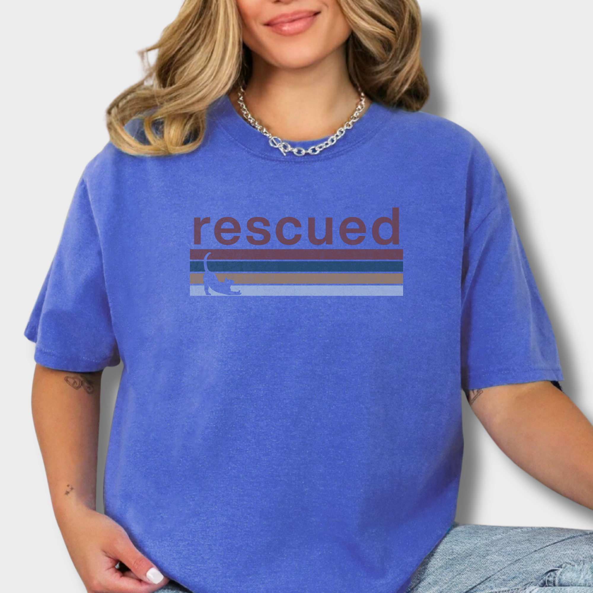 Retro Cat Rescued Cat Graphic Comfort Colors T-Shirt in Flo Blue-Fetch N Found
