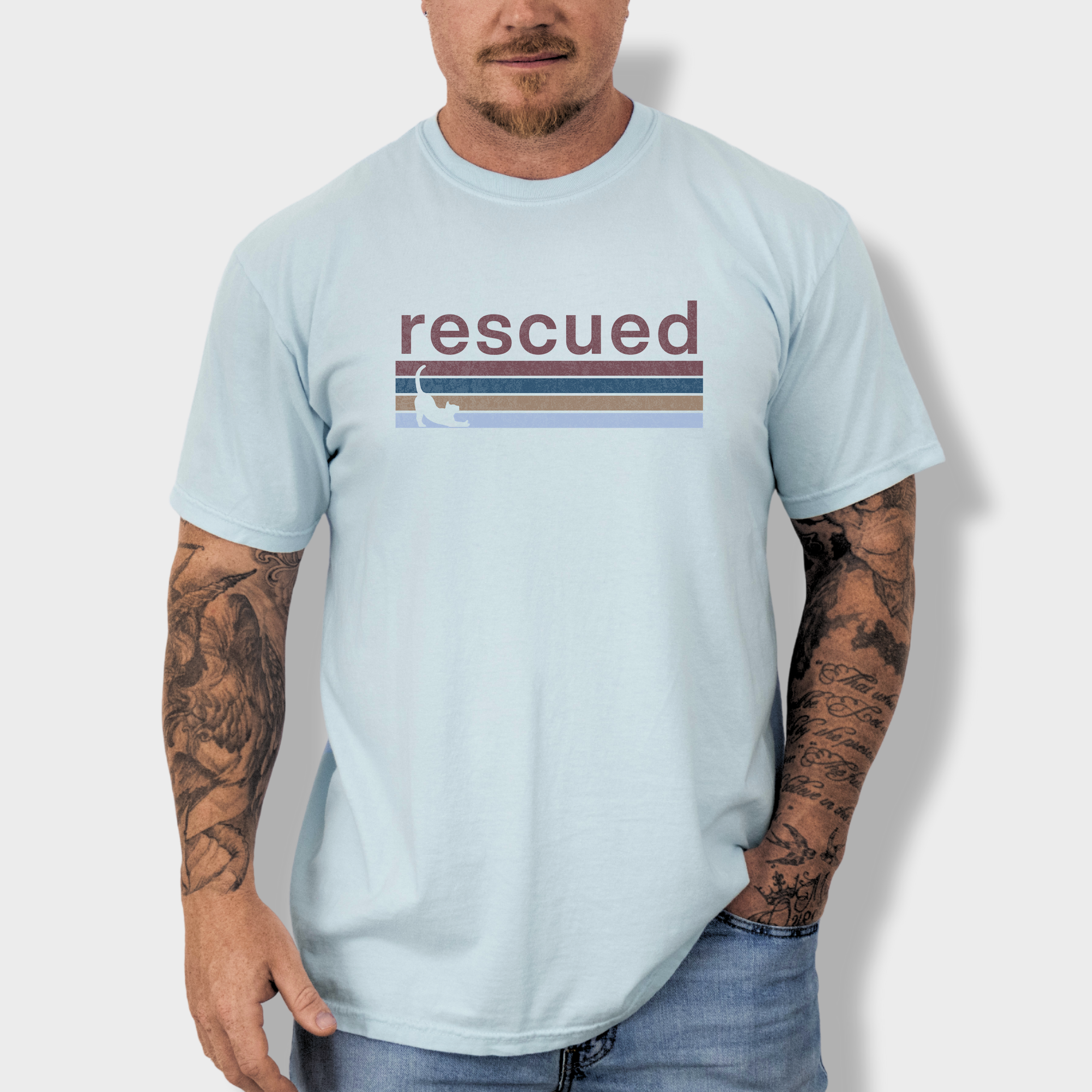 Retro Cat Rescued Cat Graphic Comfort Colors T-Shirt in Chambray-Fetch N Found