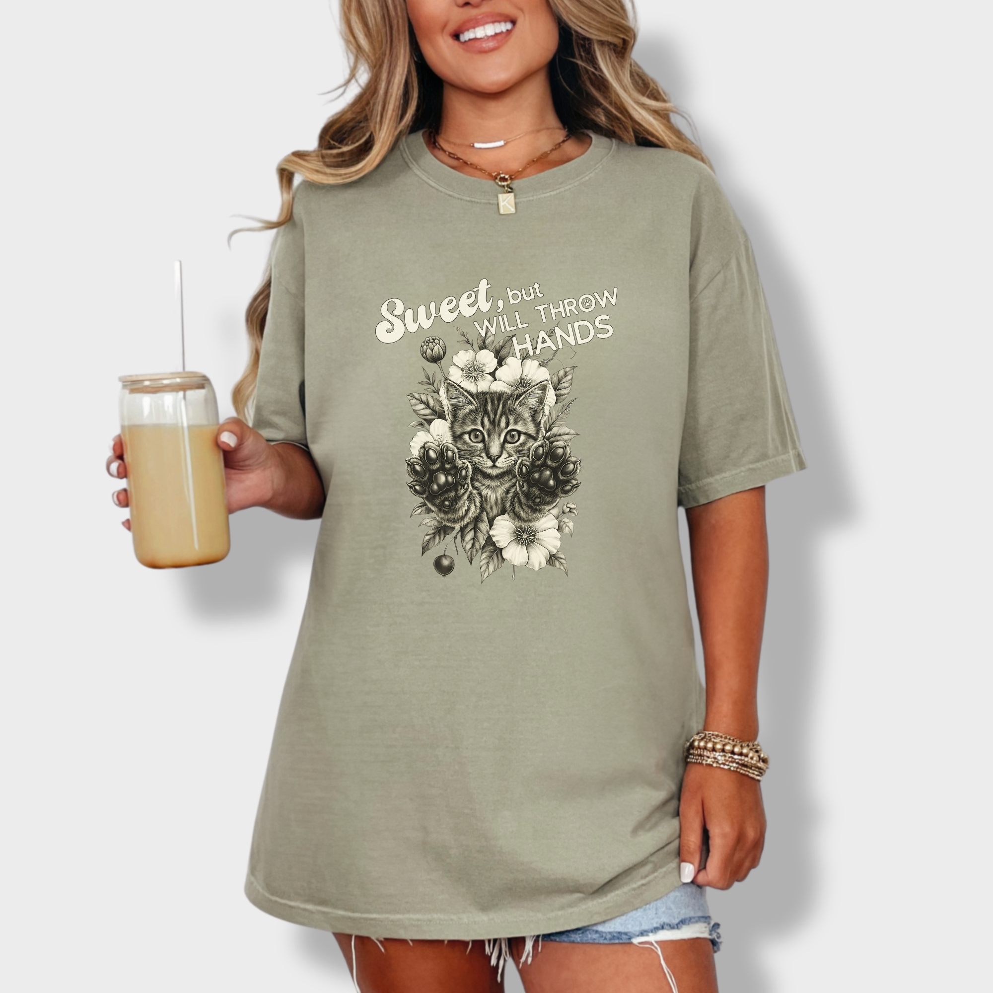 Western Sweet But Will Throw Hands Cat Line Art Comfort Colors T-Shirt in Khaki-T-Shirt-Fetch N Found