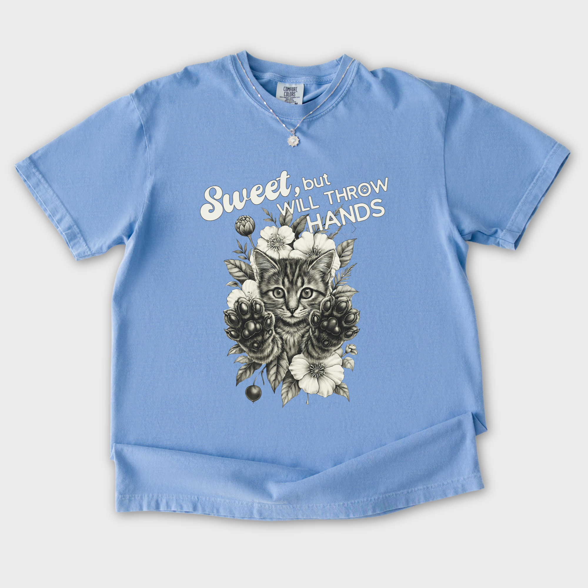 Western Sweet But Will Throw Hands Cat Line Art Comfort Colors T-Shirt in Washed Denim-T-Shirt-Washed Denim-S-Fetch N Found