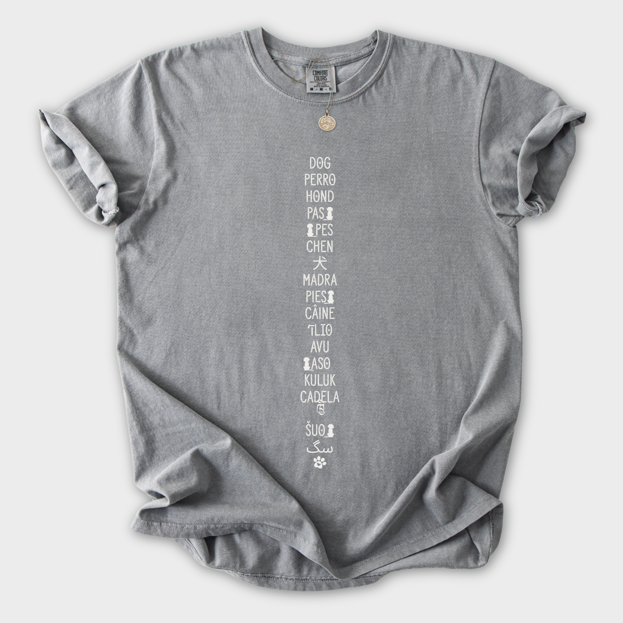 DOG In Many Languages Graphic Comfort Colors T-Shirt in Gray-T-Shirt-Gray-S-Fetch N Found