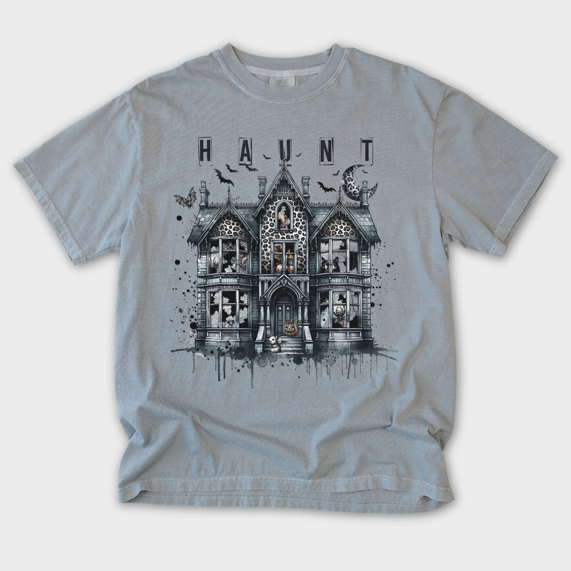 Retro HAUNT Leopard Print House Collage Cat Graphic Comfort Colors T-Shirt in Granite-T-Shirt-Granite-S-Fetch N Found