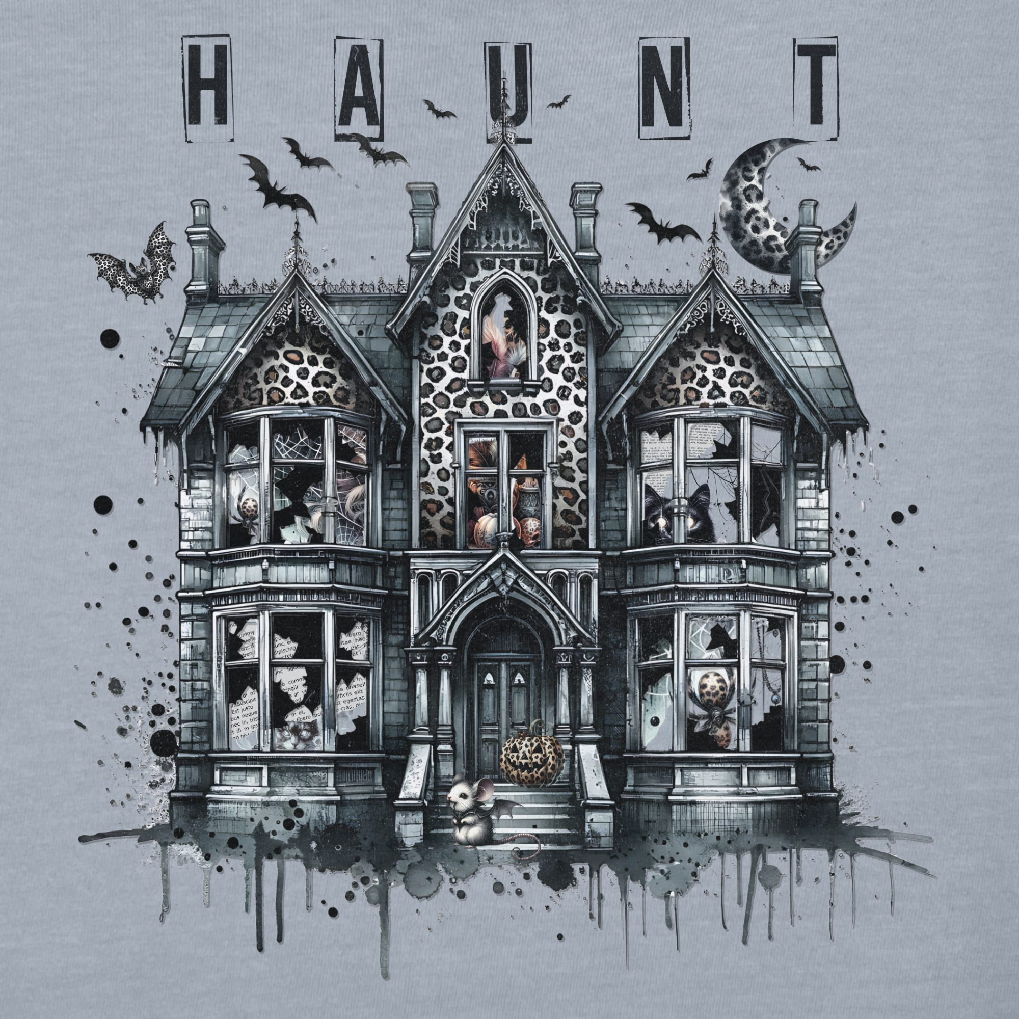 Retro HAUNT Leopard Print House Collage Cat Graphic Comfort Colors T-Shirt in Granite-T-Shirt-Fetch N Found