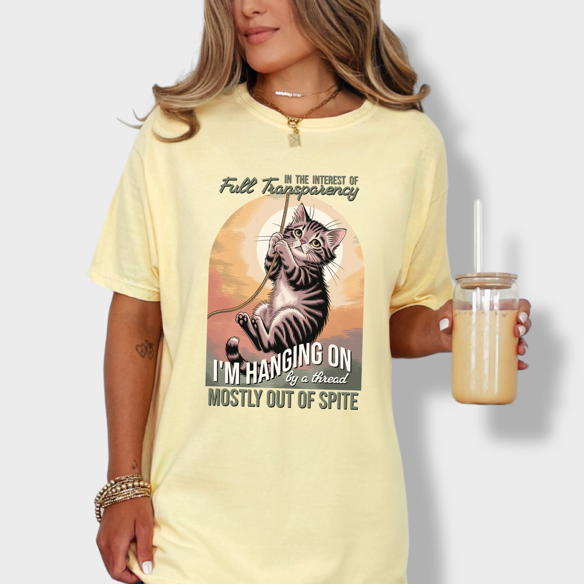 Western Hanging on by a Thread Cat Graphic Comfort Colors T-Shirt in Butter