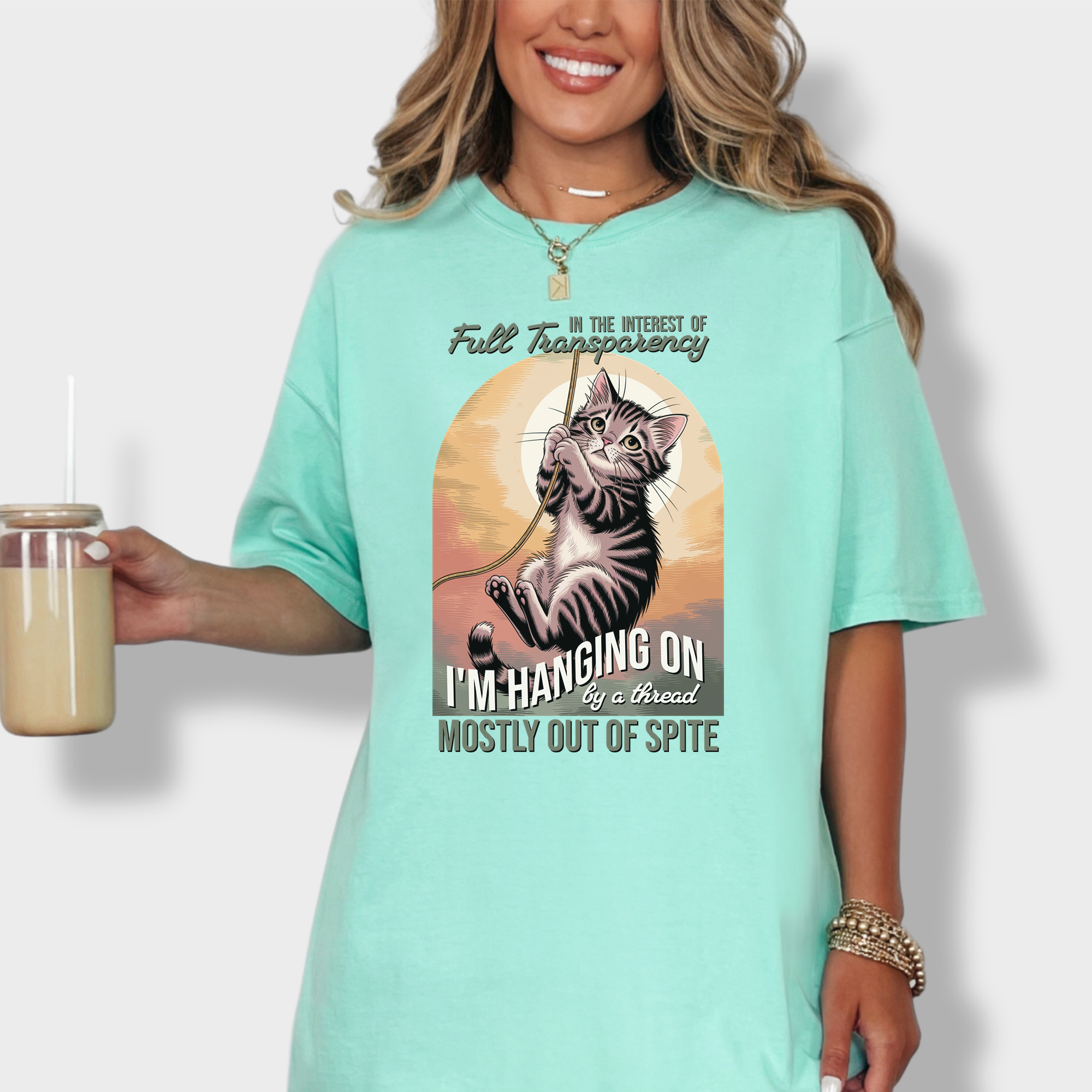 Western Hanging on by a Thread Cat Graphic Comfort Colors T-Shirt in Island Reef